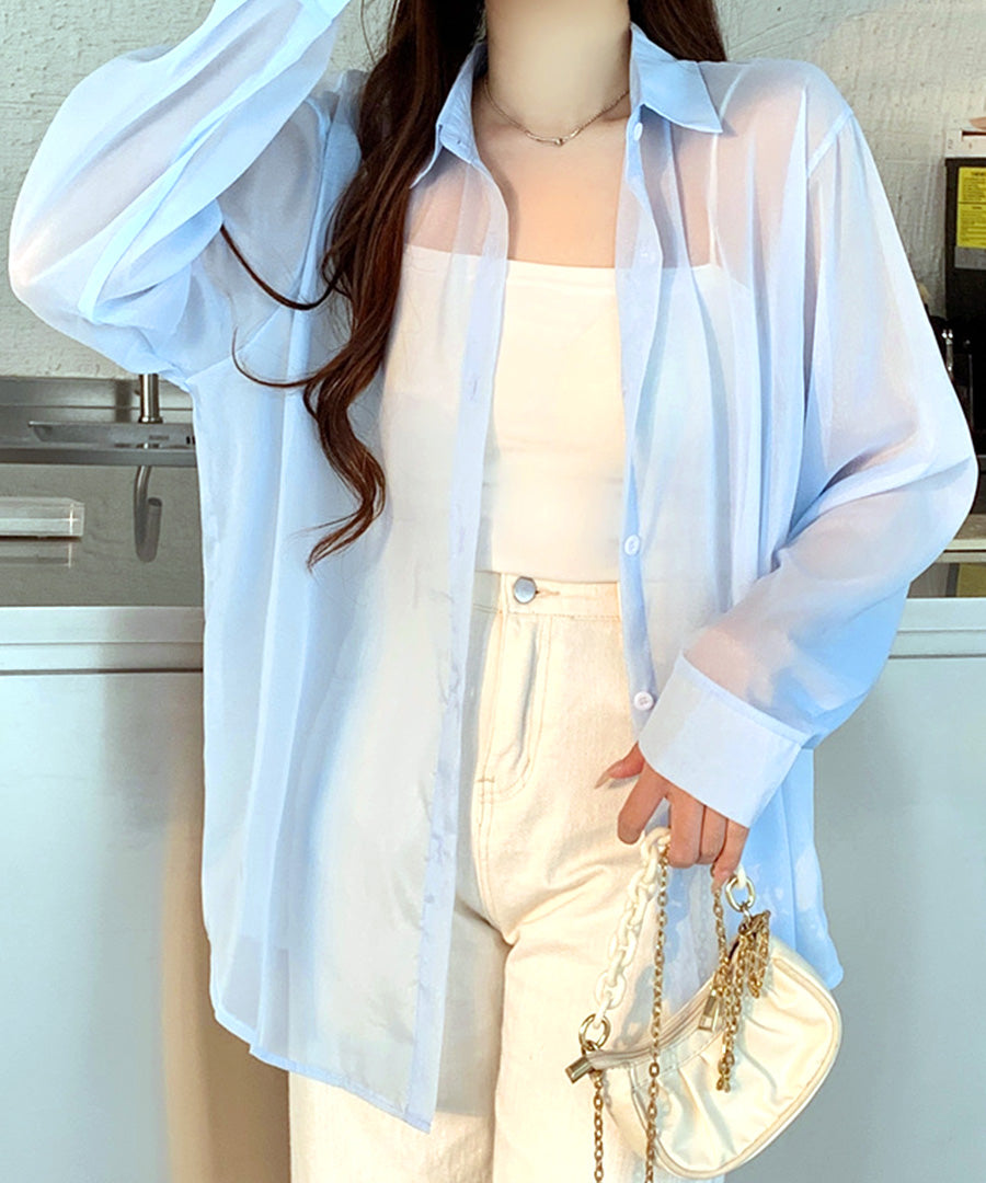 Riff Sheer Shirt Back Slit See-Through Outer Blouse Top Oversized Big Size Large Size Loose Long Sleeve Plain