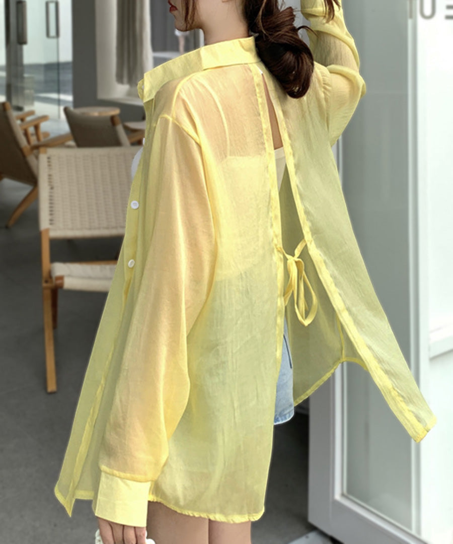 Riff Sheer Shirt Back Slit See-Through Outer Blouse Top Oversized Big Size Large Size Loose Long Sleeve Plain
