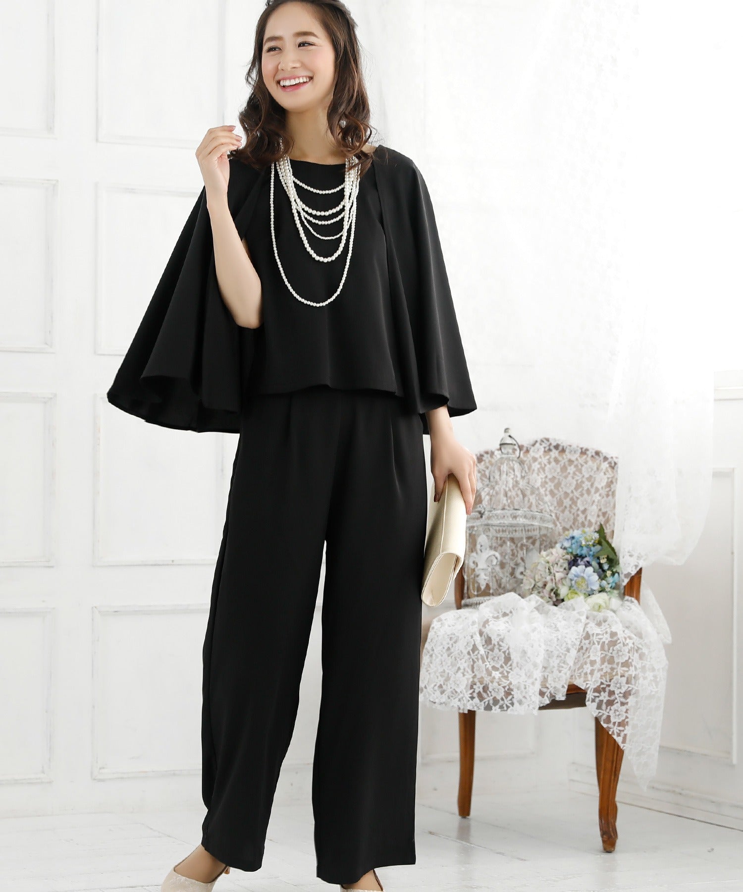 レティカ Retica ケープデザインノースリーブトップス×ワイドパンツセットアップパーティードレス スーツ 大きいサイズ