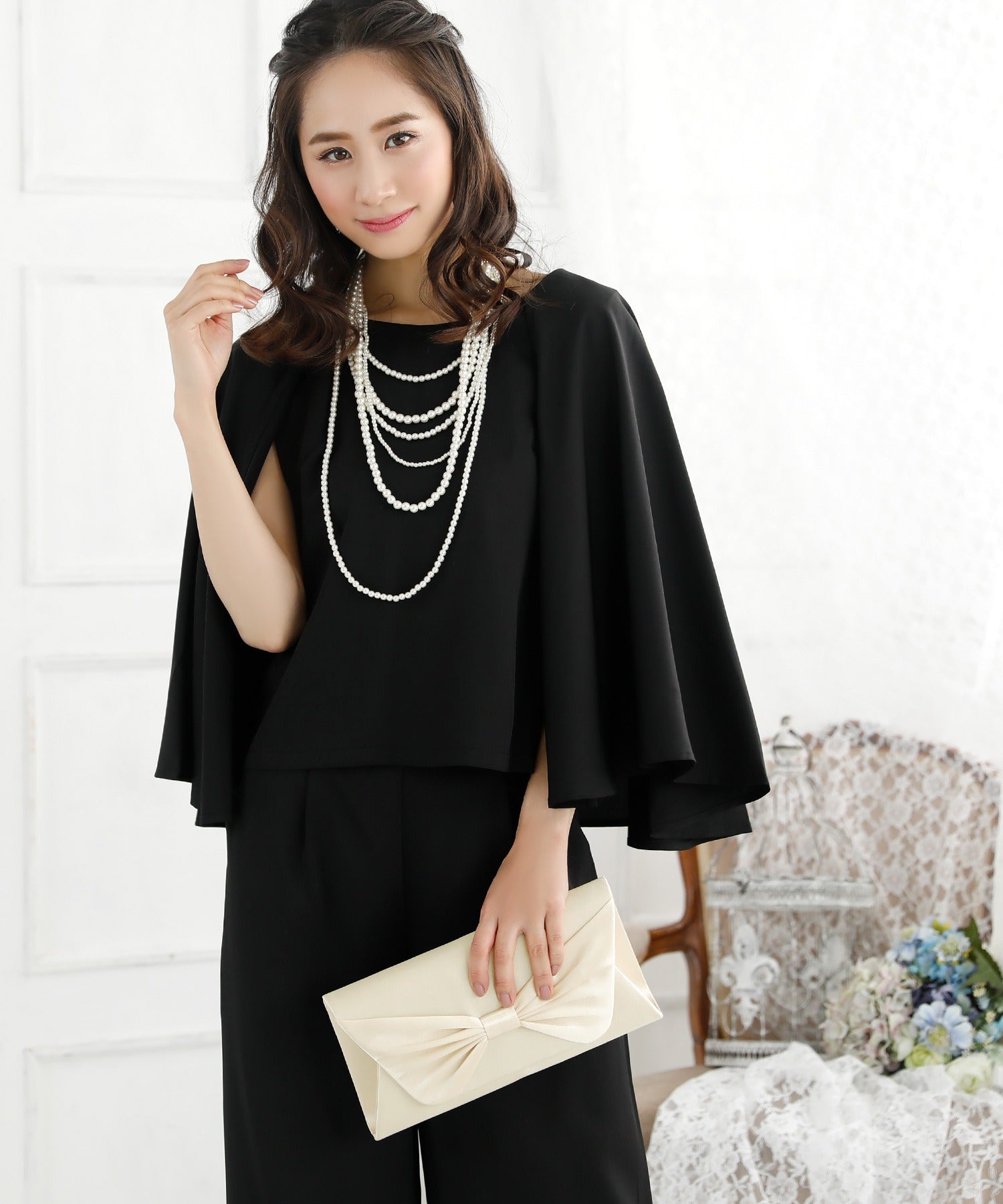 レティカ Retica ケープデザインノースリーブトップス×ワイドパンツセットアップパーティードレス スーツ 大きいサイズ