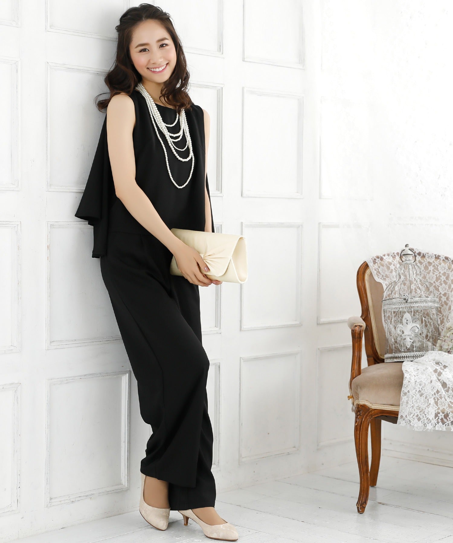 レティカ Retica ケープデザインノースリーブトップス×ワイドパンツセットアップパーティードレス スーツ 大きいサイズ