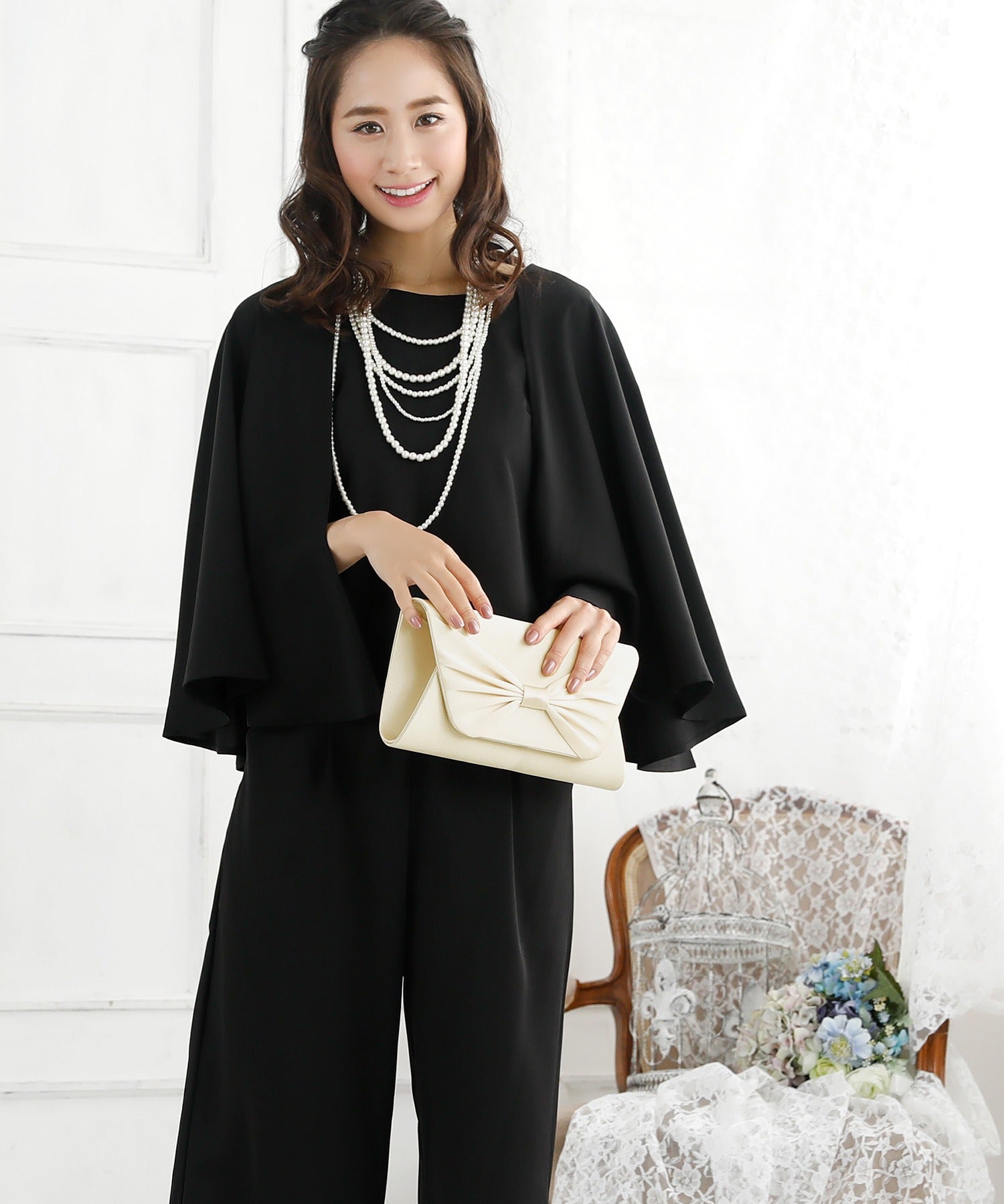 レティカ Retica ケープデザインノースリーブトップス×ワイドパンツセットアップパーティードレス スーツ 大きいサイズ