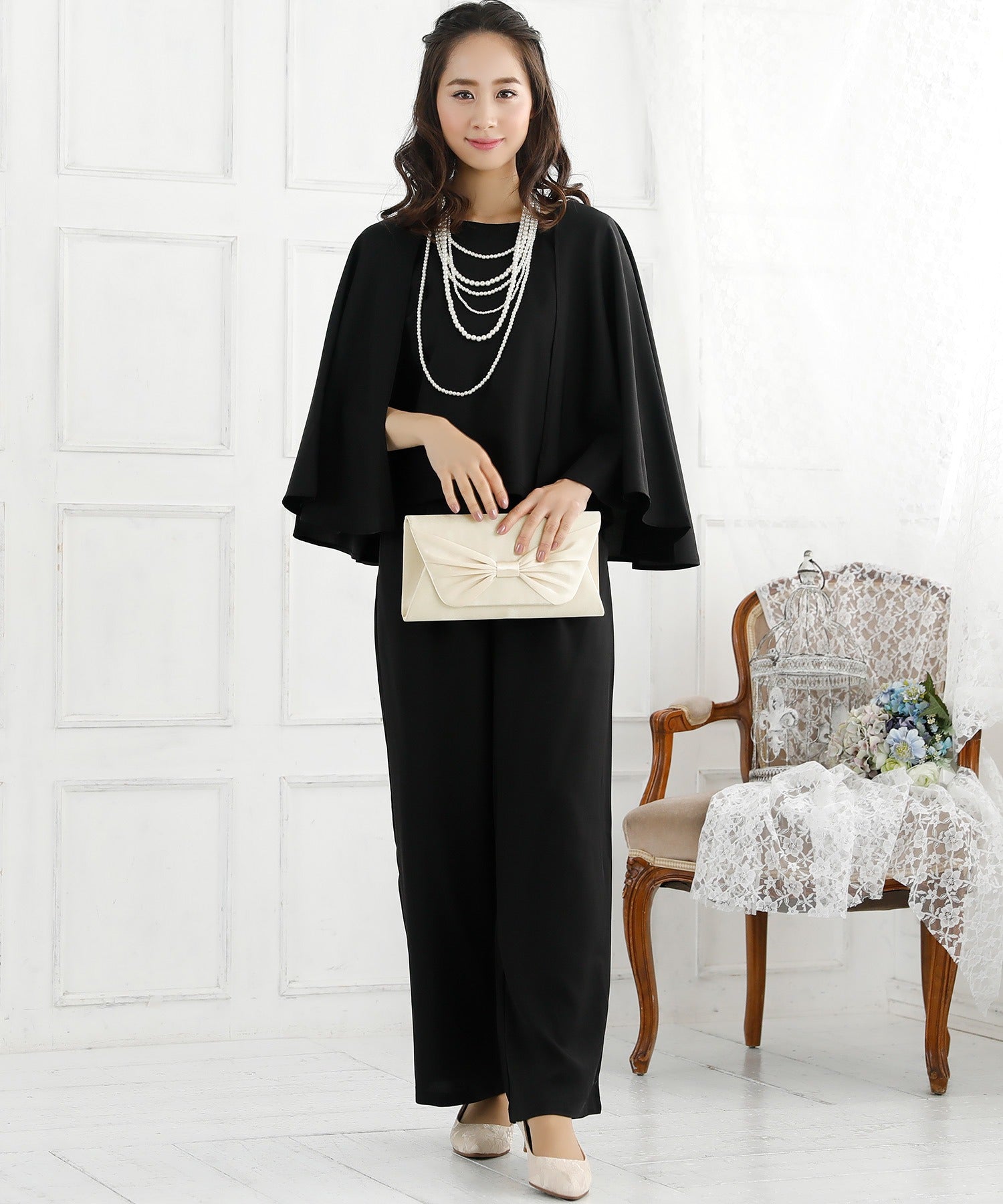 レティカ Retica ケープデザインノースリーブトップス×ワイドパンツセットアップパーティードレス スーツ 大きいサイズ