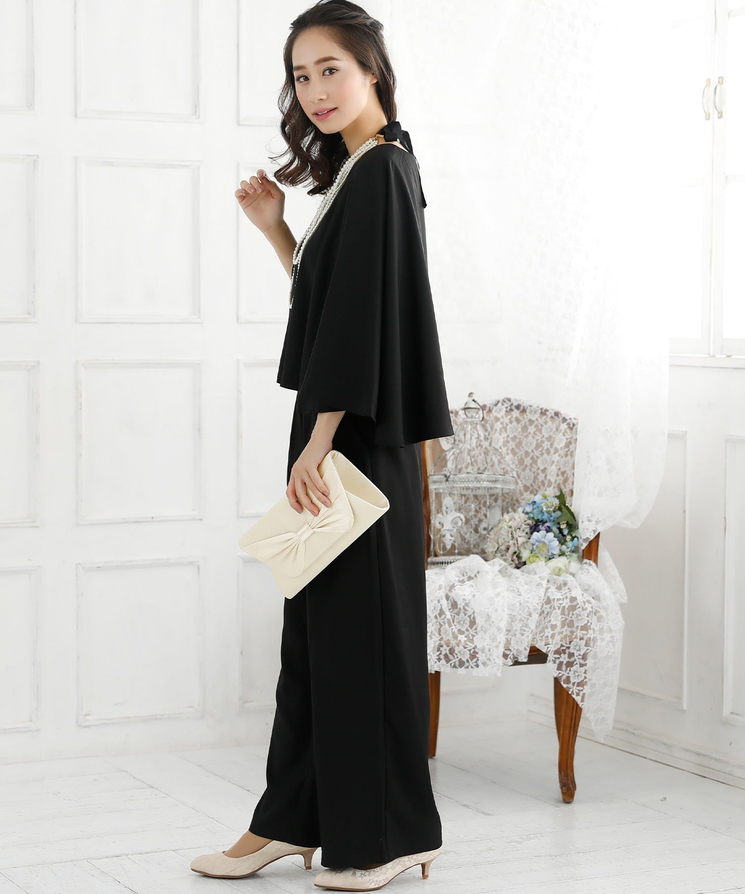 レティカ Retica ケープデザインノースリーブトップス×ワイドパンツセットアップパーティードレス スーツ 大きいサイズ