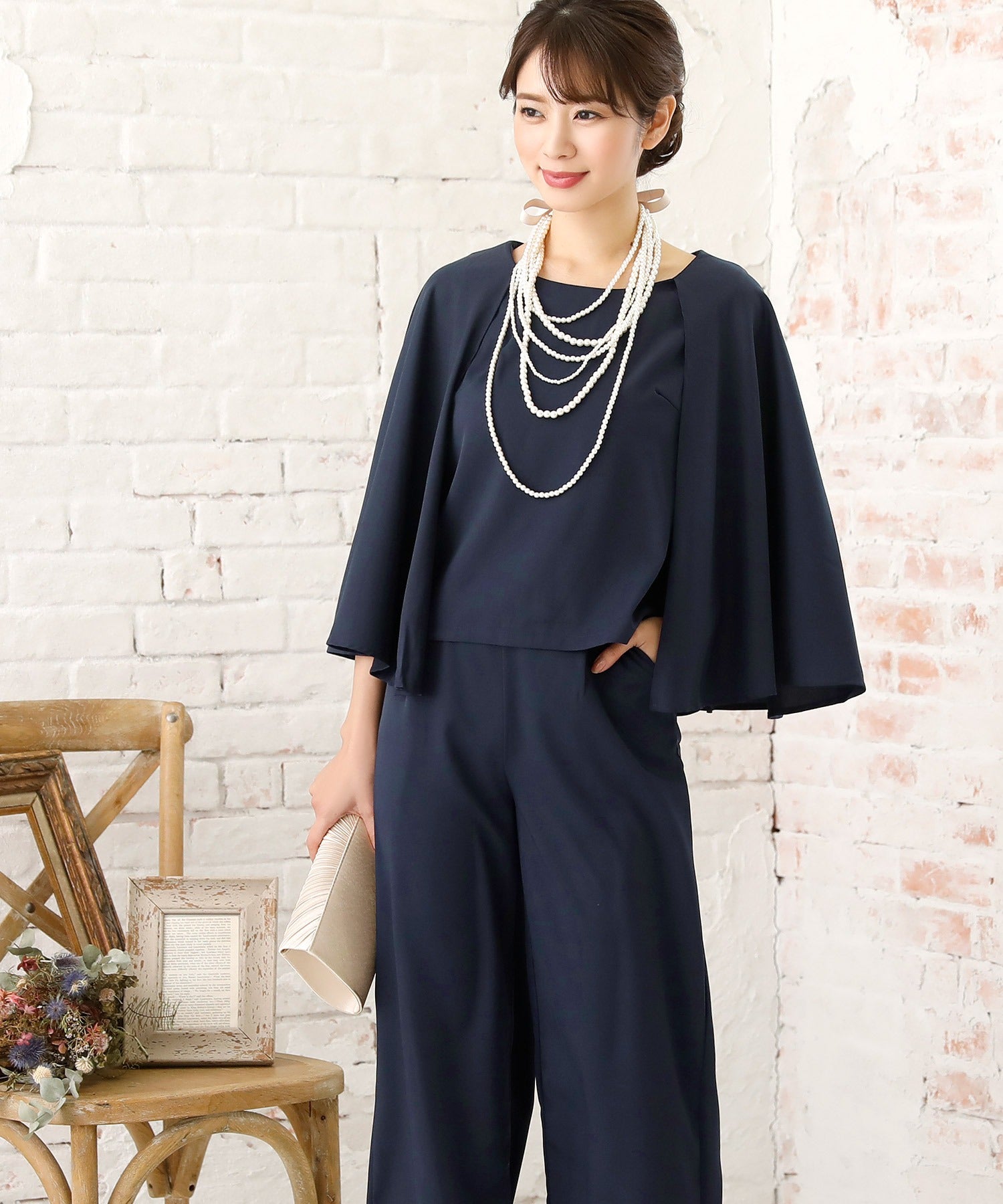 レティカ Retica ケープデザインノースリーブトップス×ワイドパンツセットアップパーティードレス スーツ 大きいサイズ