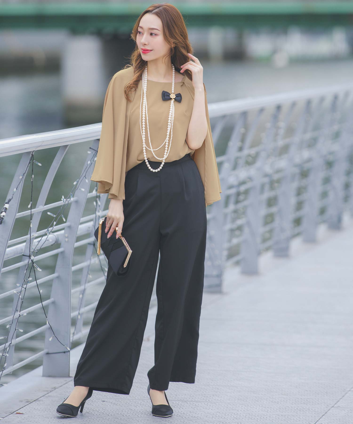 レティカ Retica ケープデザインノースリーブトップス×ワイドパンツセットアップパーティードレス スーツ 大きいサイズ