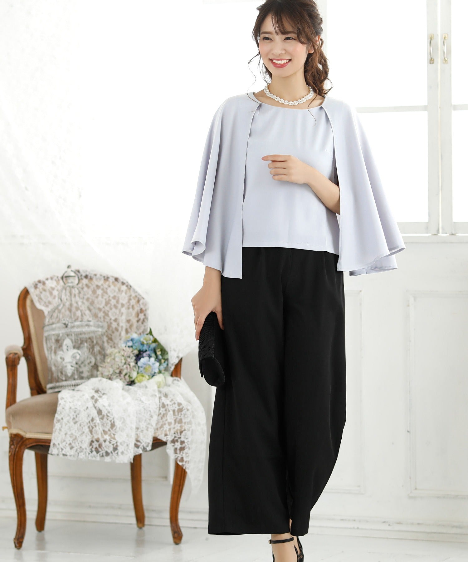 レティカ Retica ケープデザインノースリーブトップス×ワイドパンツセットアップパーティードレス スーツ 大きいサイズ