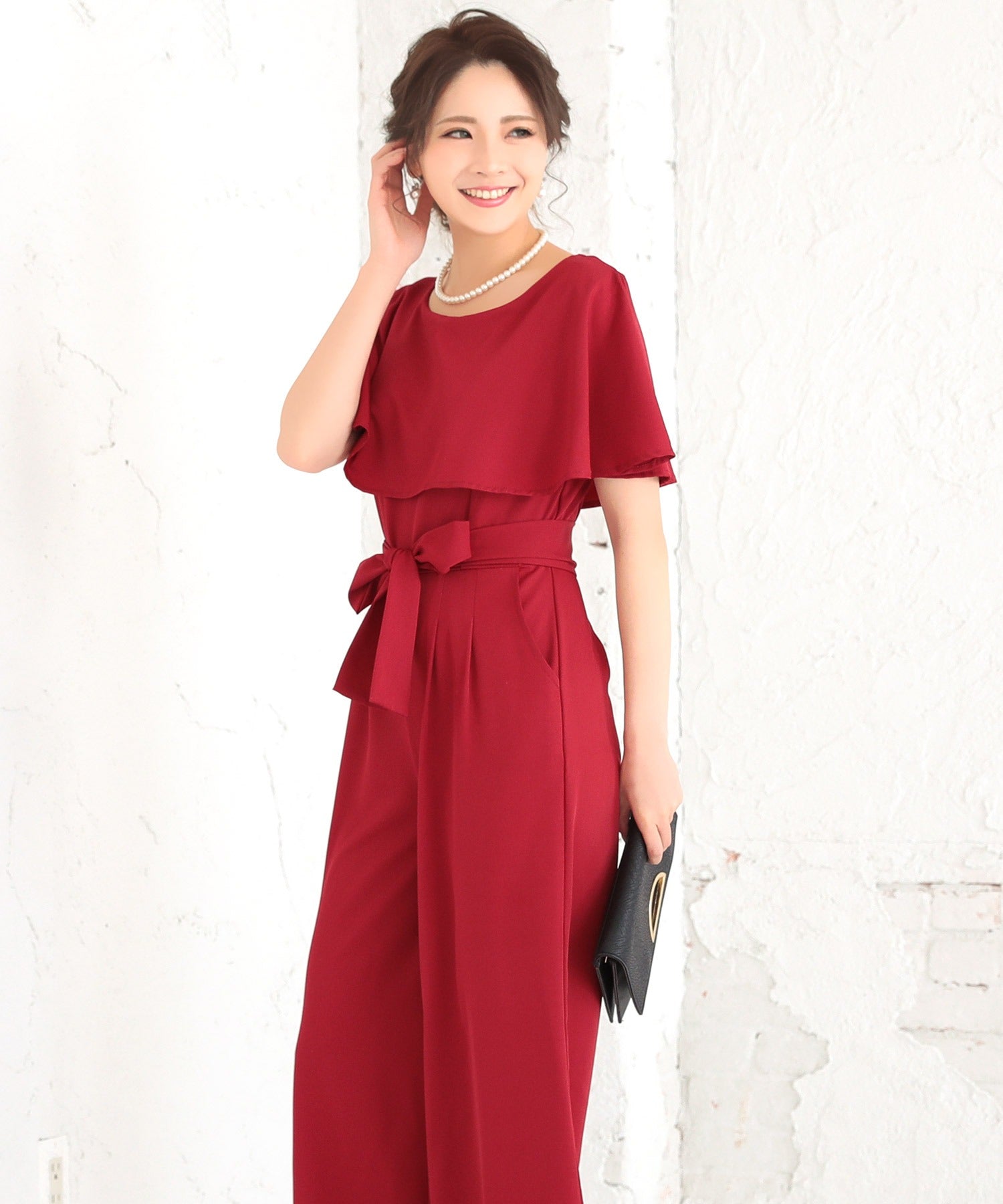 Retica Cape Collar Waist Ribbon Wide Pants Dress