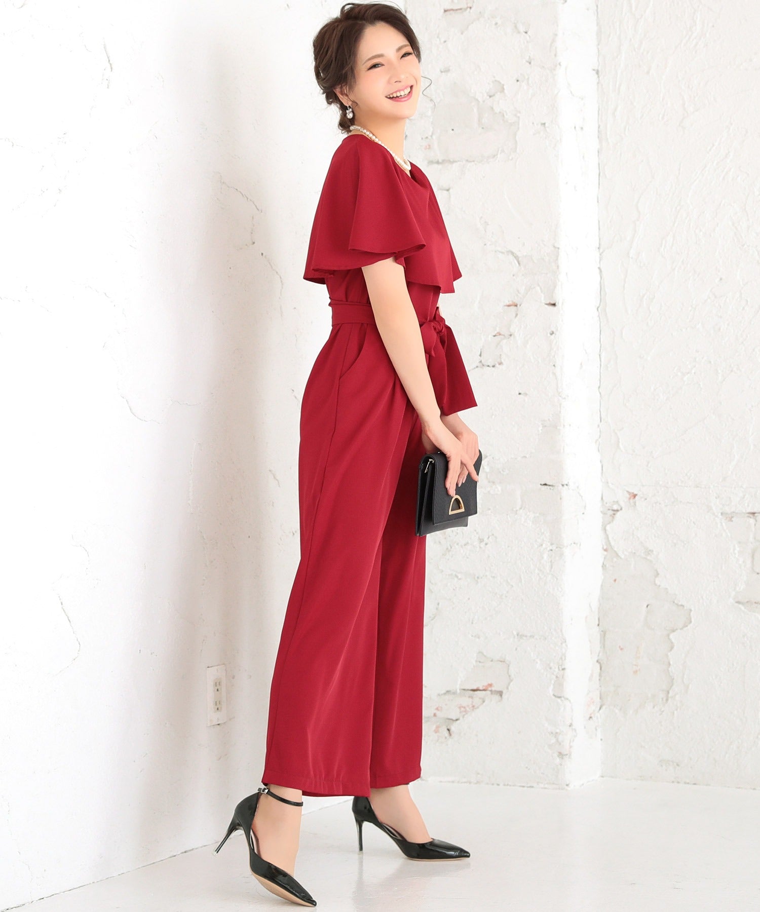 Retica Cape Collar Waist Ribbon Wide Pants Dress