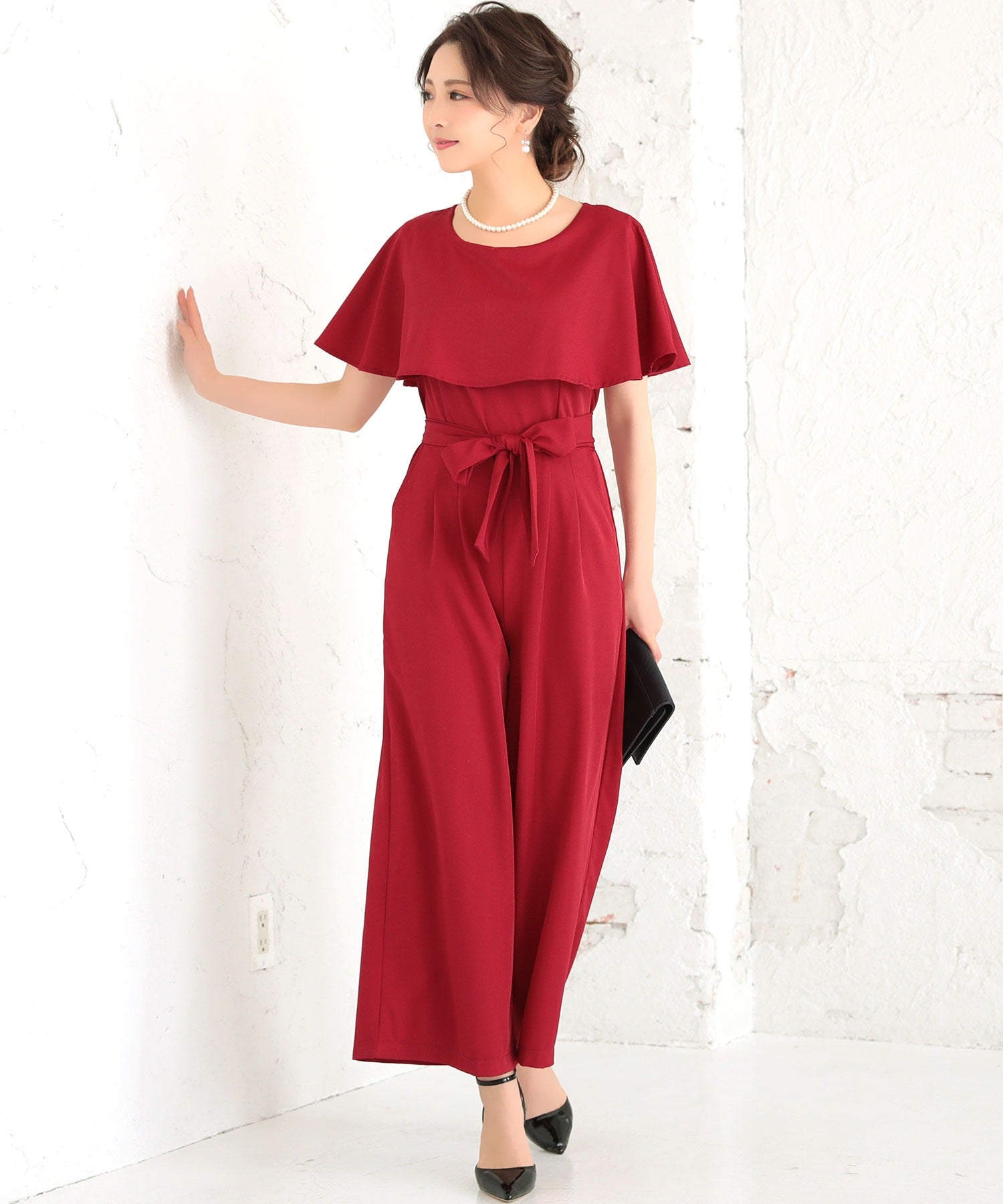 Retica Cape Collar Waist Ribbon Wide Pants Dress