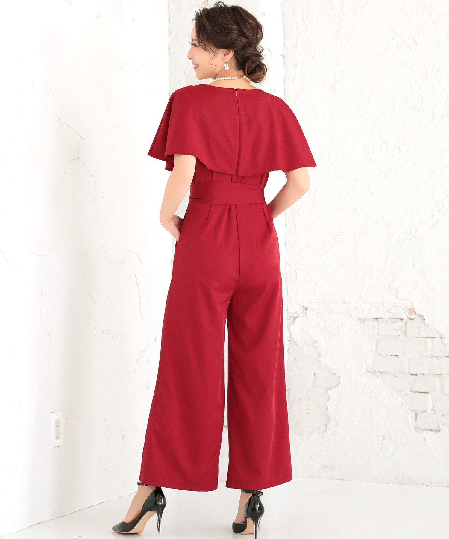 Retica Cape Collar Waist Ribbon Wide Pants Dress