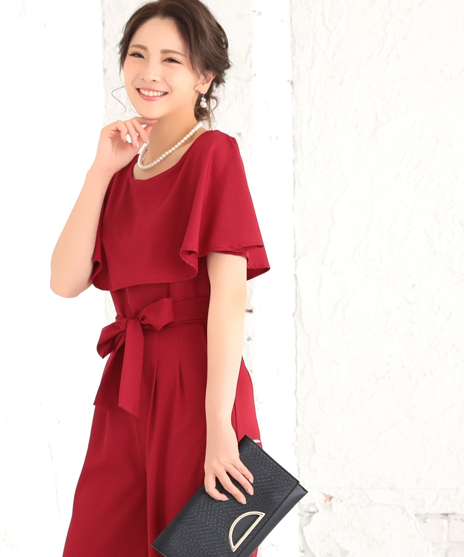 Retica Cape Collar Waist Ribbon Wide Pants Dress