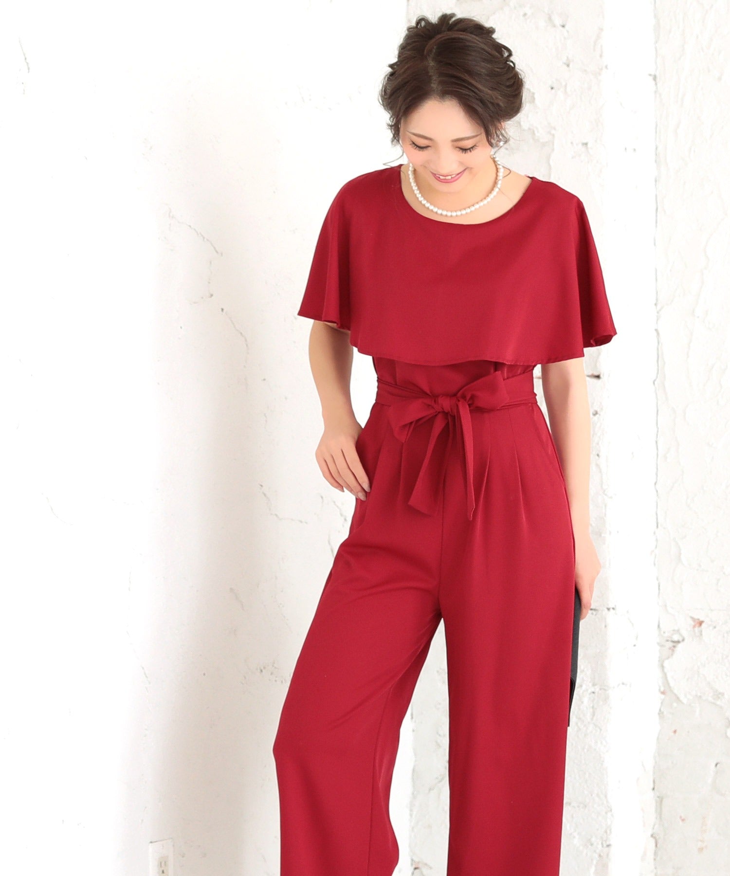 Retica Cape Collar Waist Ribbon Wide Pants Dress