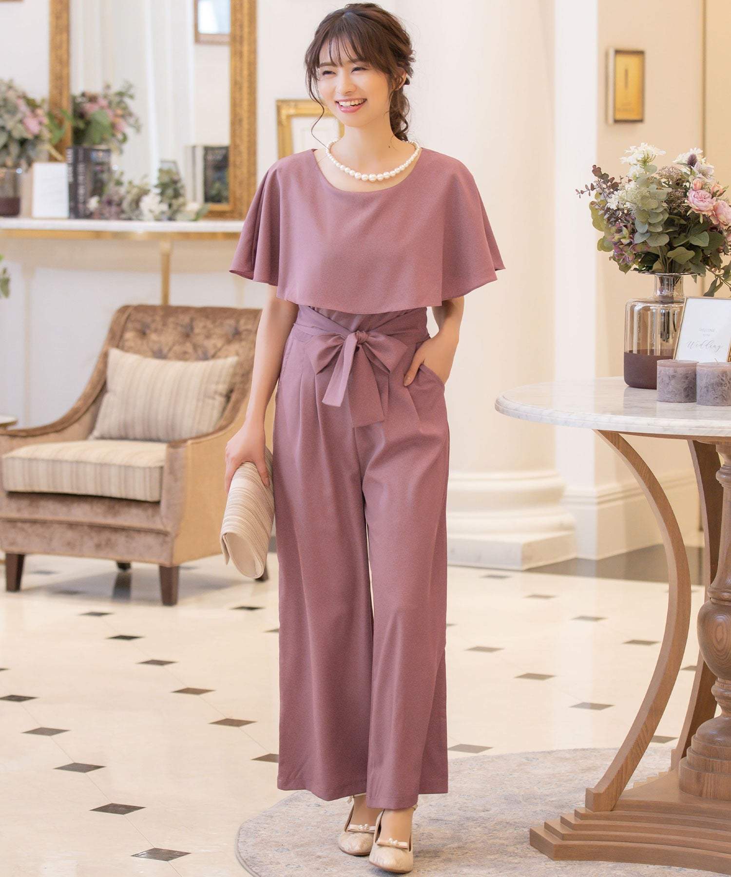 Retica Cape Collar Waist Ribbon Wide Pants Dress