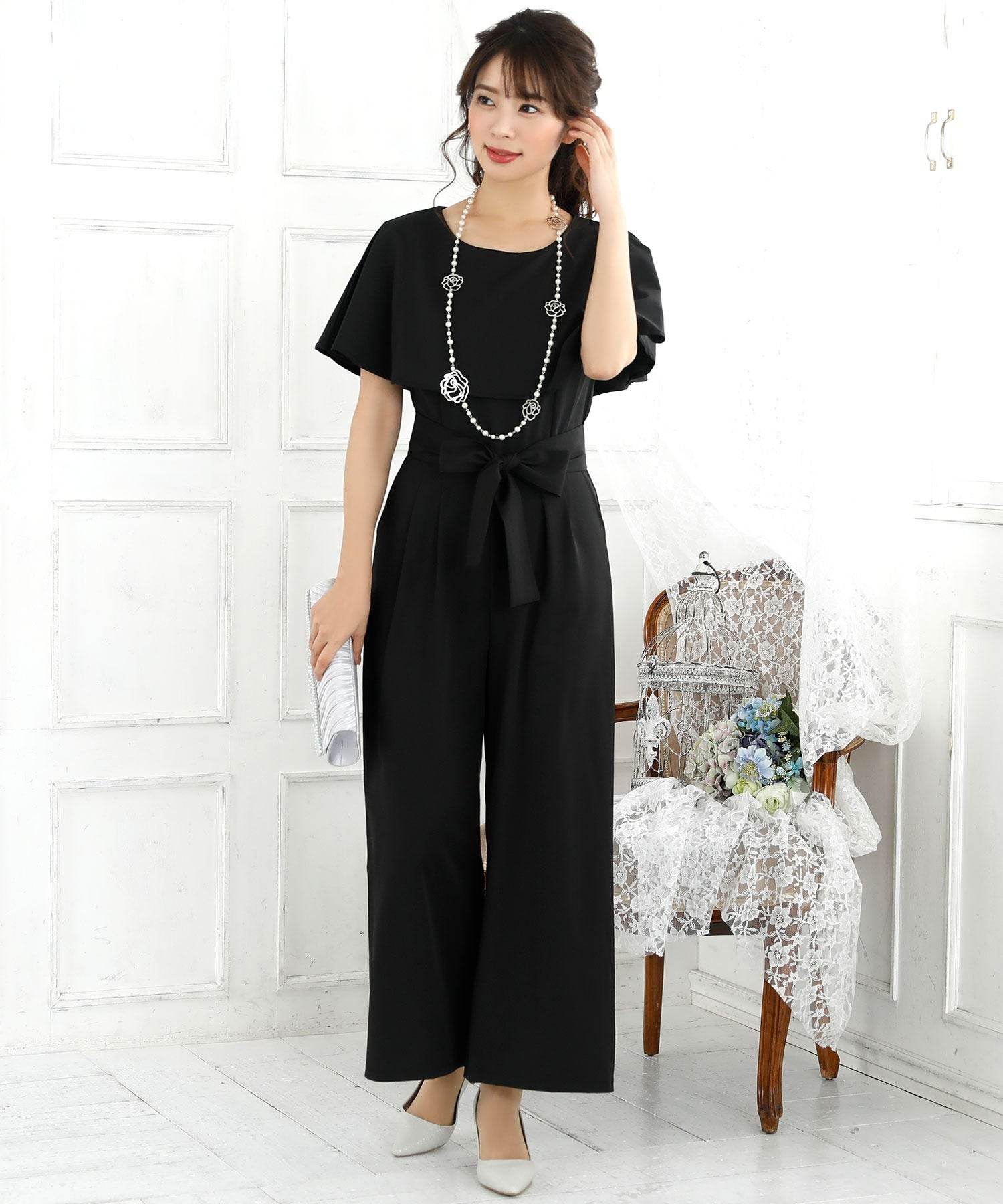 Retica Cape Collar Waist Ribbon Wide Pants Dress