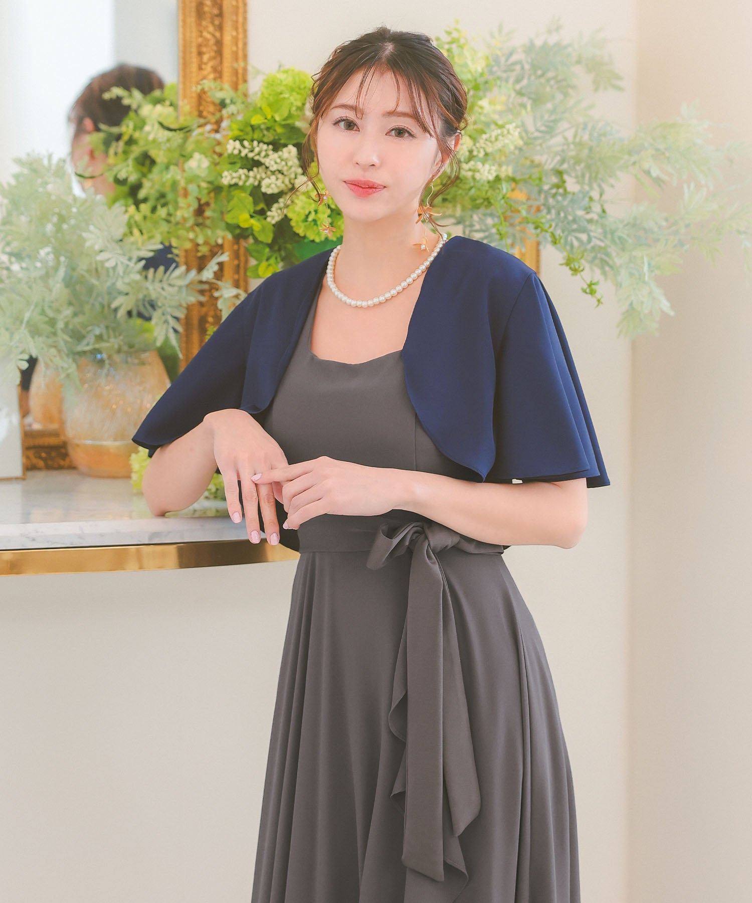 レティカ Retica フレア半袖ショート丈ワンカラーボレロカーディガン (ネイビー) ネイビー