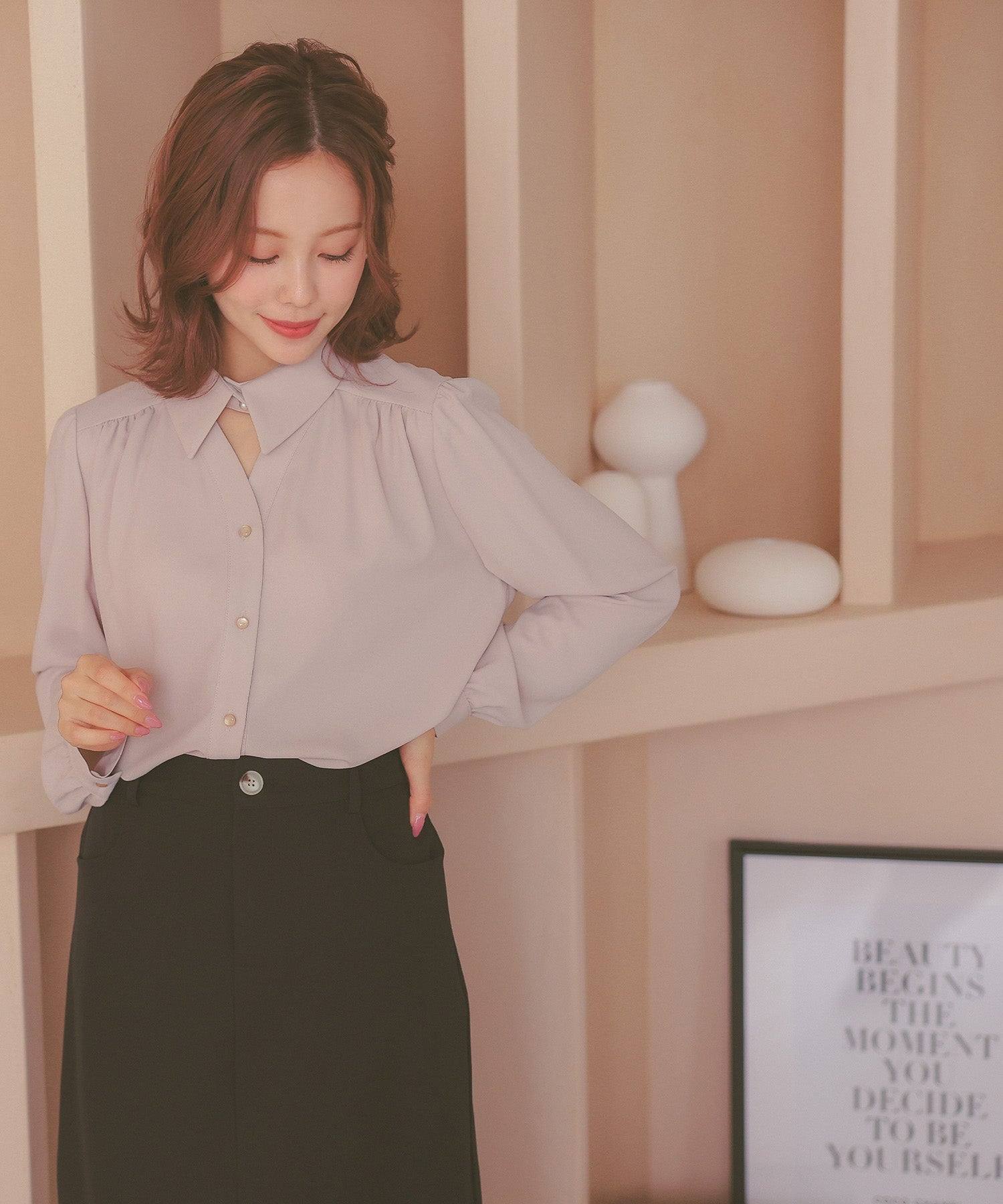 レティカ Retica お洒落スタンドカラー×パールボタンシンプルブラウス (ベージュ) ベージュ