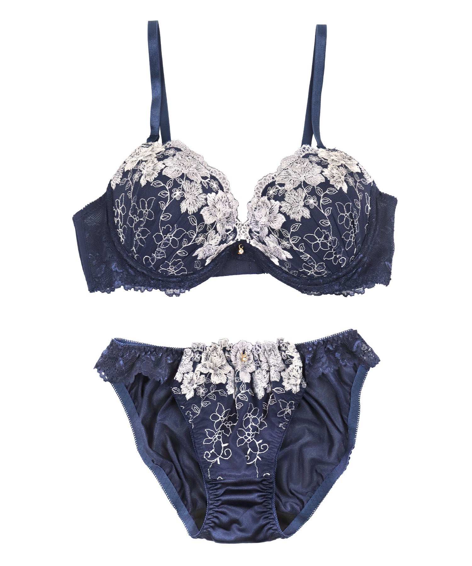 レティカ Retica 下着フラワーレース ワイヤー ネイビ ビジューチャーム ブラジャー&ショーツランジェリー2点セット【返品不可商品】 (ネイビー) ネイビー