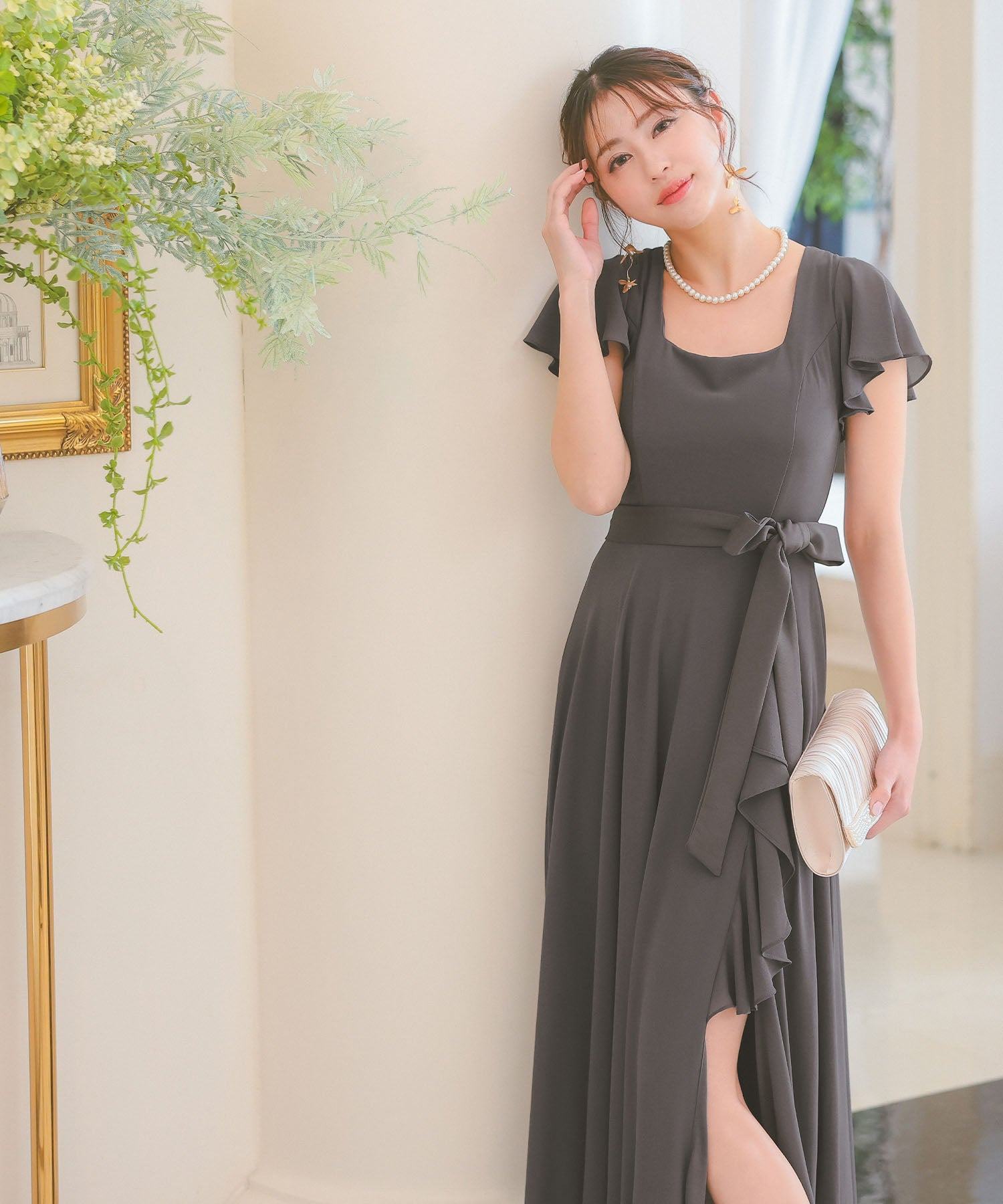 レティカ Retica フレア半袖ウエストリボン付きプリーツシンプルワンピース結婚式パーティードレス結婚式30第40代 (チャコールグレー) チャコールグレー