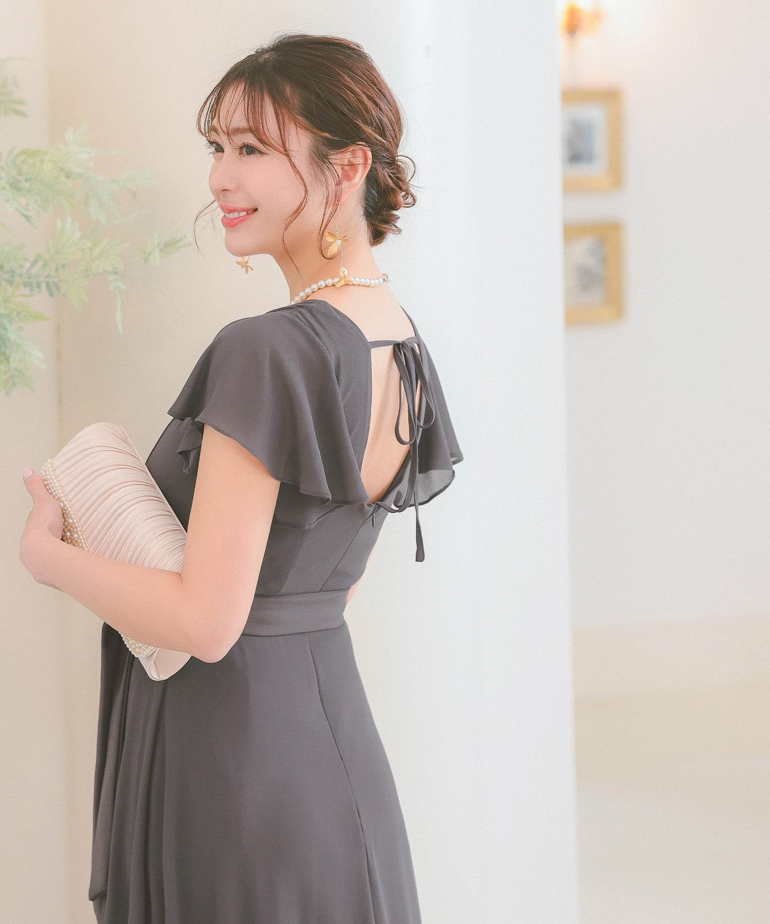 レティカ Retica フレア半袖ウエストリボン付きプリーツシンプルワンピース結婚式パーティードレス結婚式30第40代 (チャコールグレー) チャコールグレー