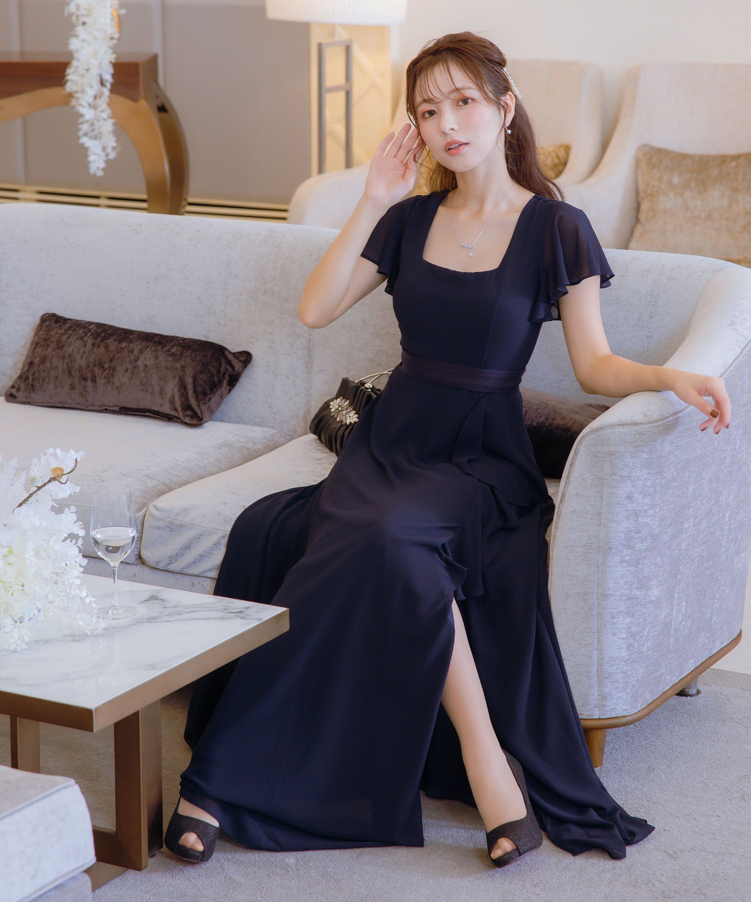 レティカ Retica フレア半袖ウエストリボン付きプリーツシンプルワンピース結婚式パーティードレス結婚式30第40代 (ネイビー) ネイビー