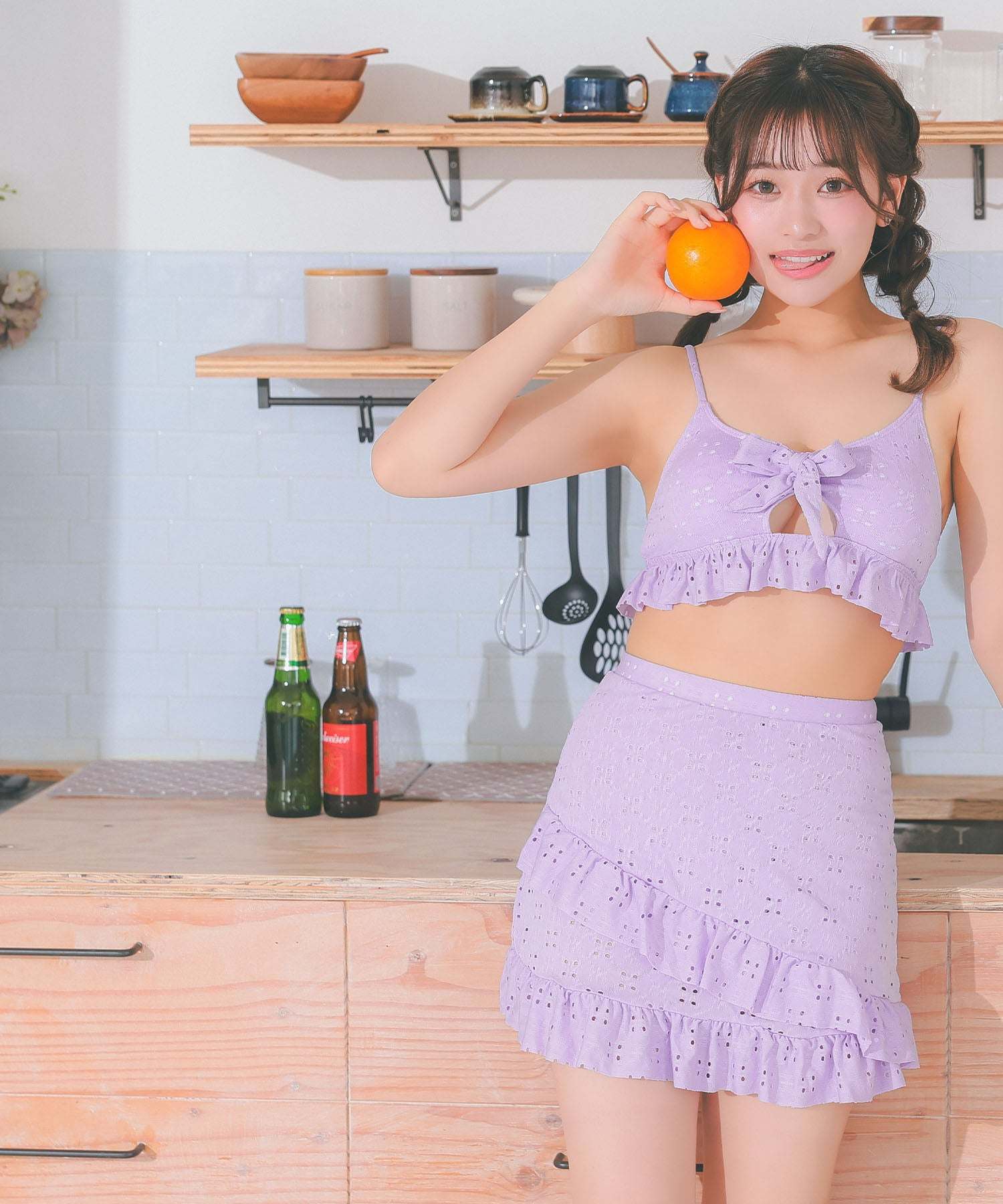 レティカ Retica 水着レディース エンブロイダリー レース カットアウト リボン ビスチェ 体型カバー フリル ラップスカート 韓国風 ガーリー タンキニ【返品不可商品】 (ラベンダー) ラベンダー