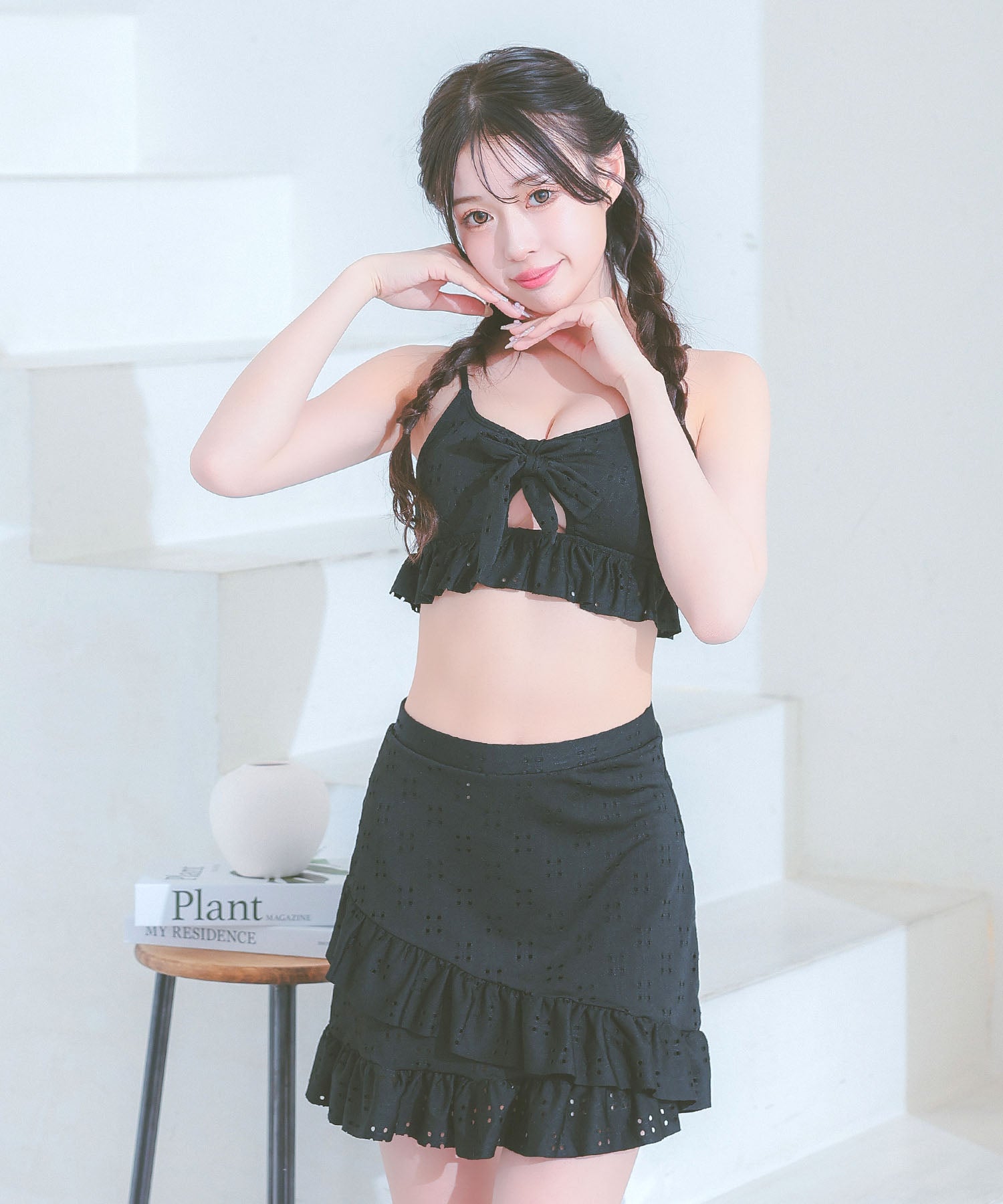 レティカ Retica 水着レディース エンブロイダリー レース カットアウト リボン ビスチェ 体型カバー フリル ラップスカート 韓国風 ガーリー タンキニ【返品不可商品】 (ブラック) ブラック