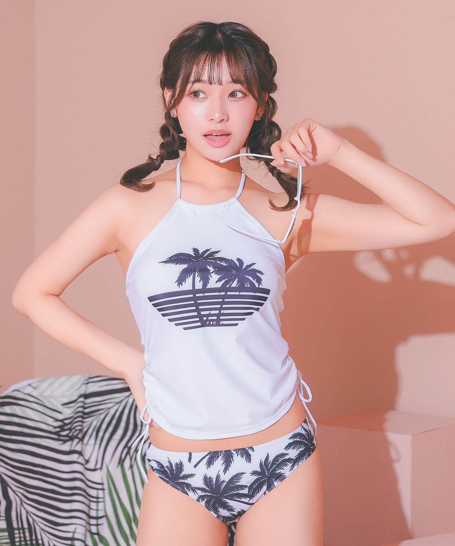 レティカ Retica 水着レディース ヤシの木 プリント アメリカンスリーブ ドロスト ビスチェ 体型カバー ギャル タンキニ【返品不可商品】 (ホワイト) ホワイト