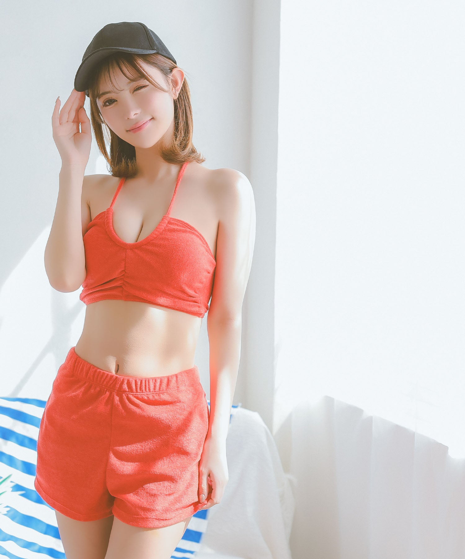 レティカ Retica 水着レディース バンドゥ ホルターネック 体型カバー パイル ハイウエスト ショートパンツ 韓国風 タンキニ【返品不可商品】 (レッド) レッド