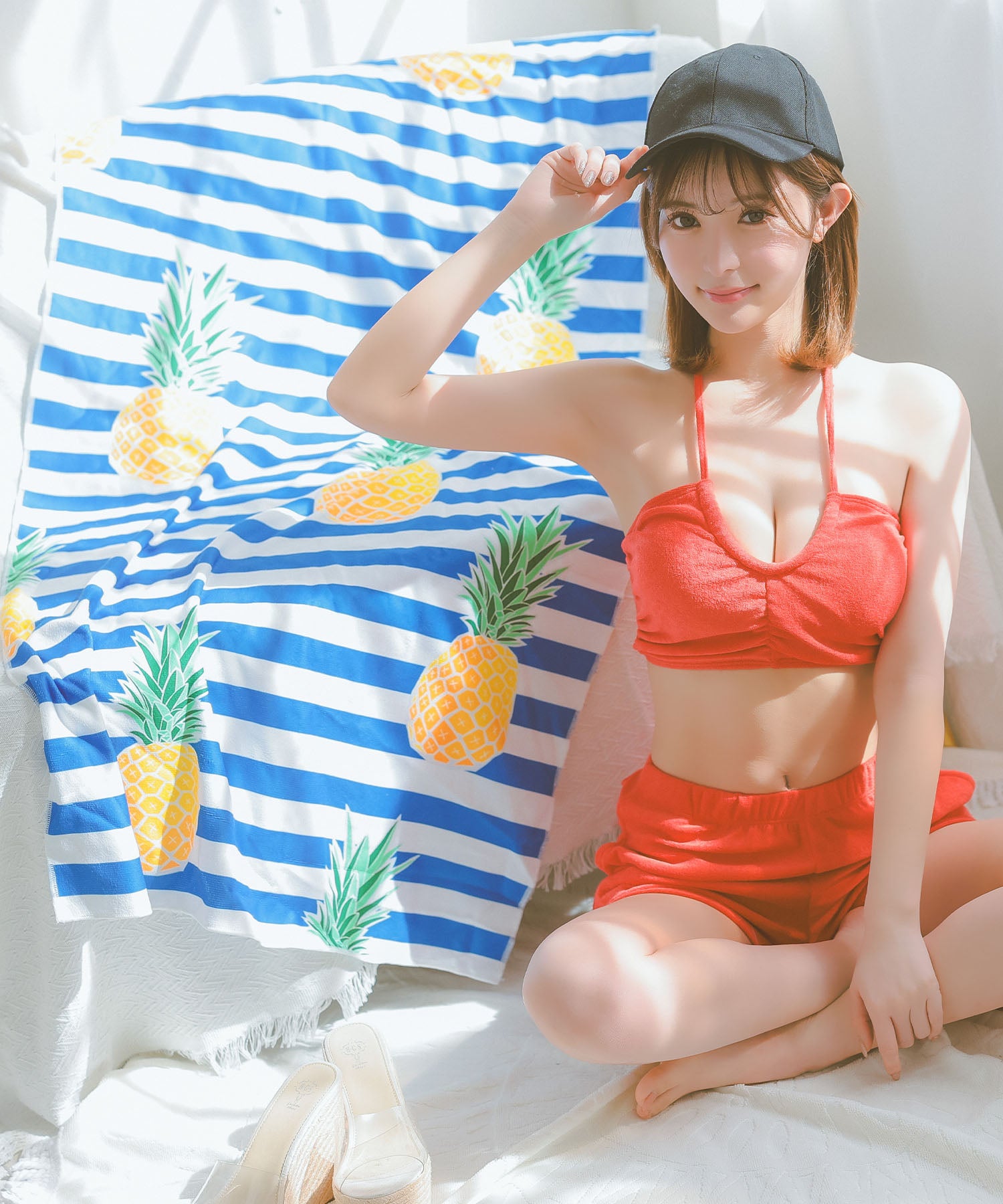 レティカ Retica 水着レディース バンドゥ ホルターネック 体型カバー パイル ハイウエスト ショートパンツ 韓国風 タンキニ【返品不可商品】 (レッド) レッド