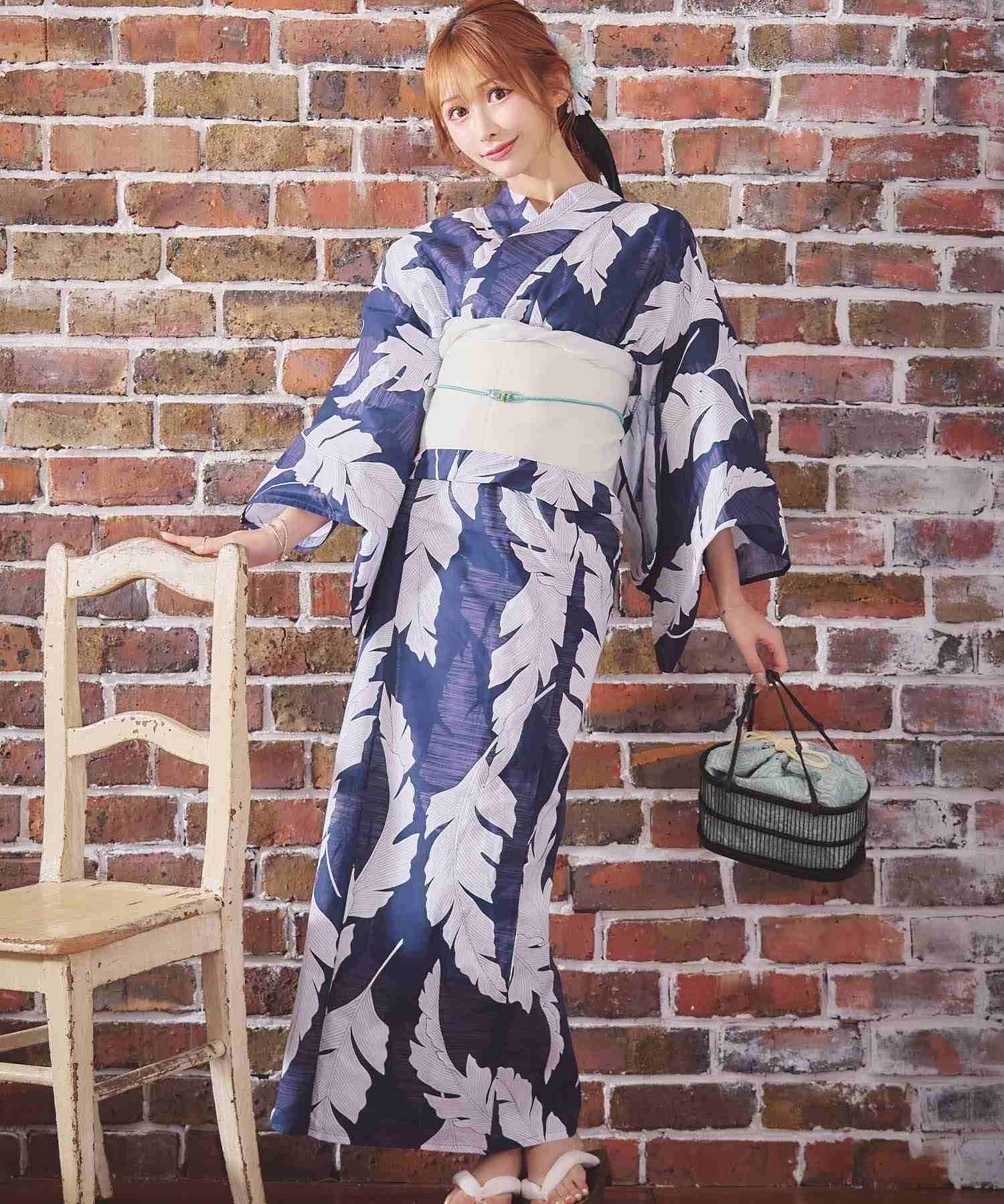 レティカ Retica 大柄リーフ ゆかた3点セット (浴衣+作り帯+下駄) (ネイビー) ネイビー
