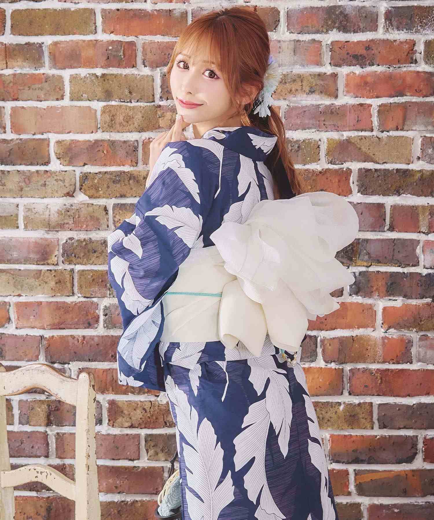 レティカ Retica 大柄リーフ ゆかた3点セット (浴衣+作り帯+下駄) (ネイビー) ネイビー