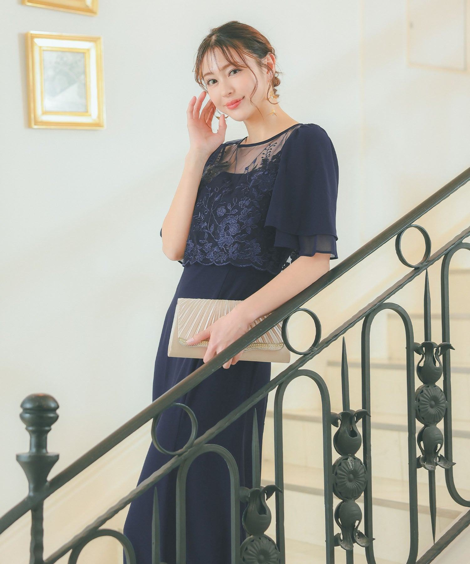 レティカ Retica ワンピースワンカラー半袖シースルーフラワー刺繍ロングスカート結婚式パーティードレス (ネイビー) ネイビー