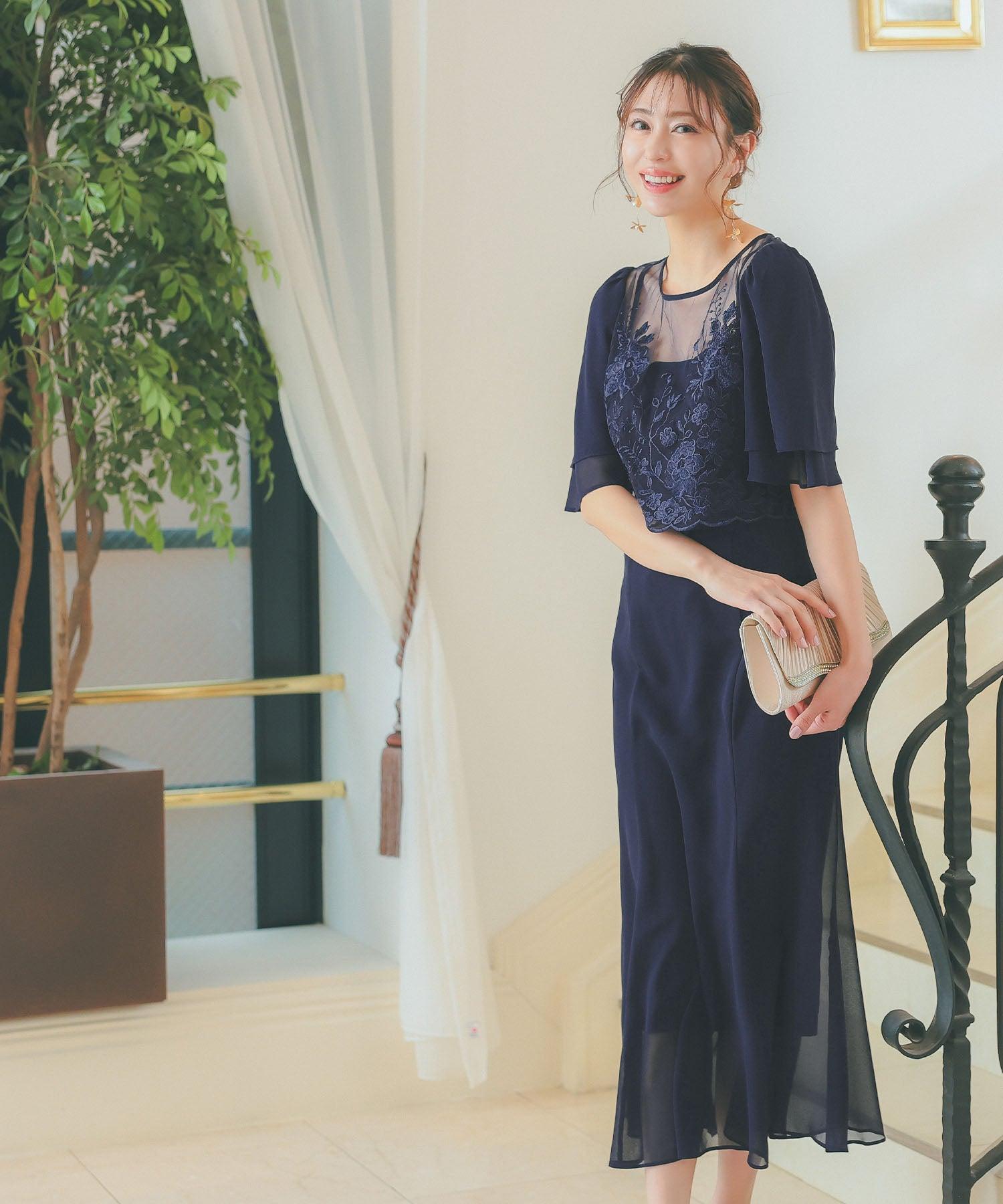 レティカ Retica ワンピースワンカラー半袖シースルーフラワー刺繍ロングスカート結婚式パーティードレス (ネイビー) ネイビー