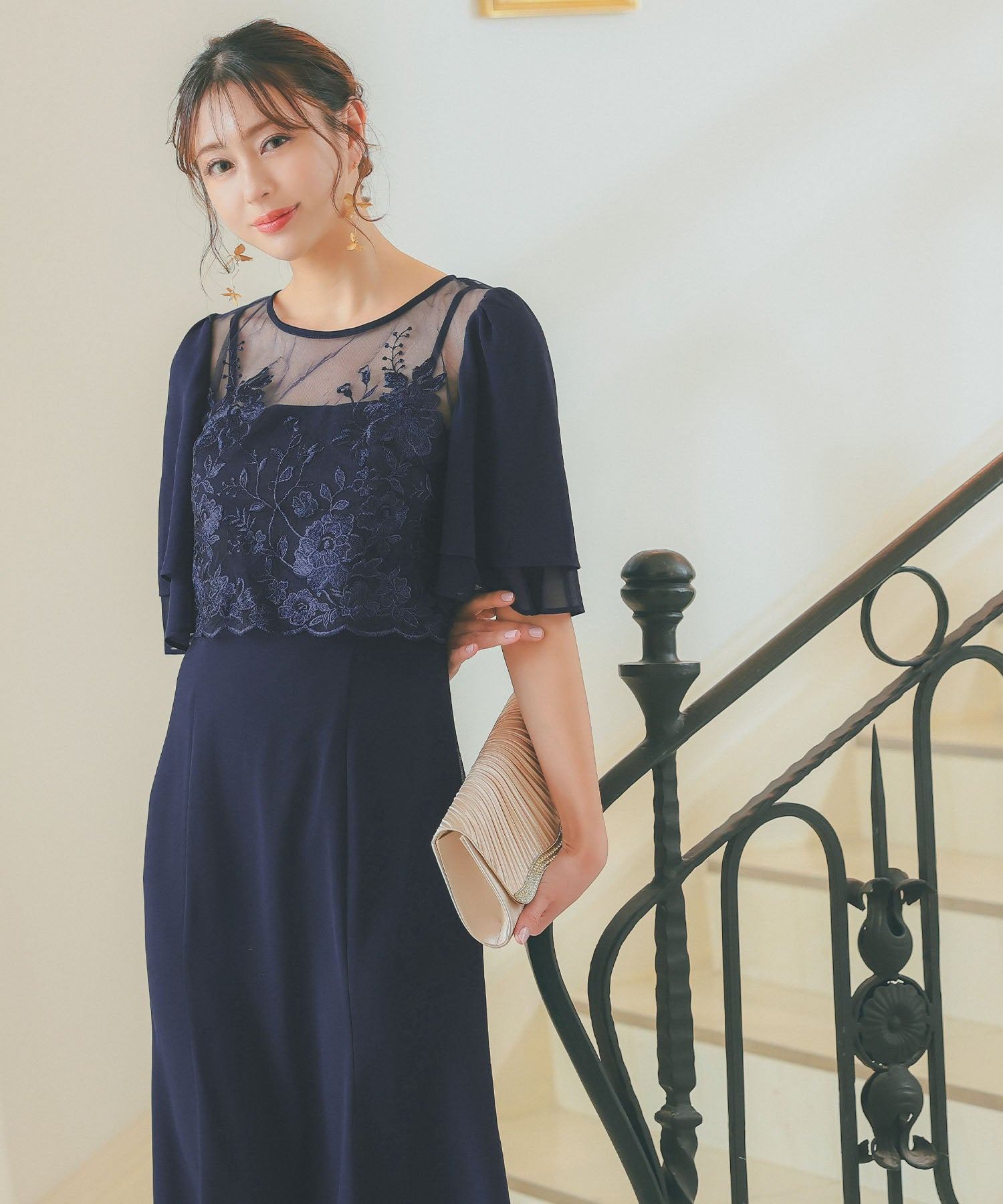 レティカ Retica ワンピースワンカラー半袖シースルーフラワー刺繍ロングスカート結婚式パーティードレス (ネイビー) ネイビー