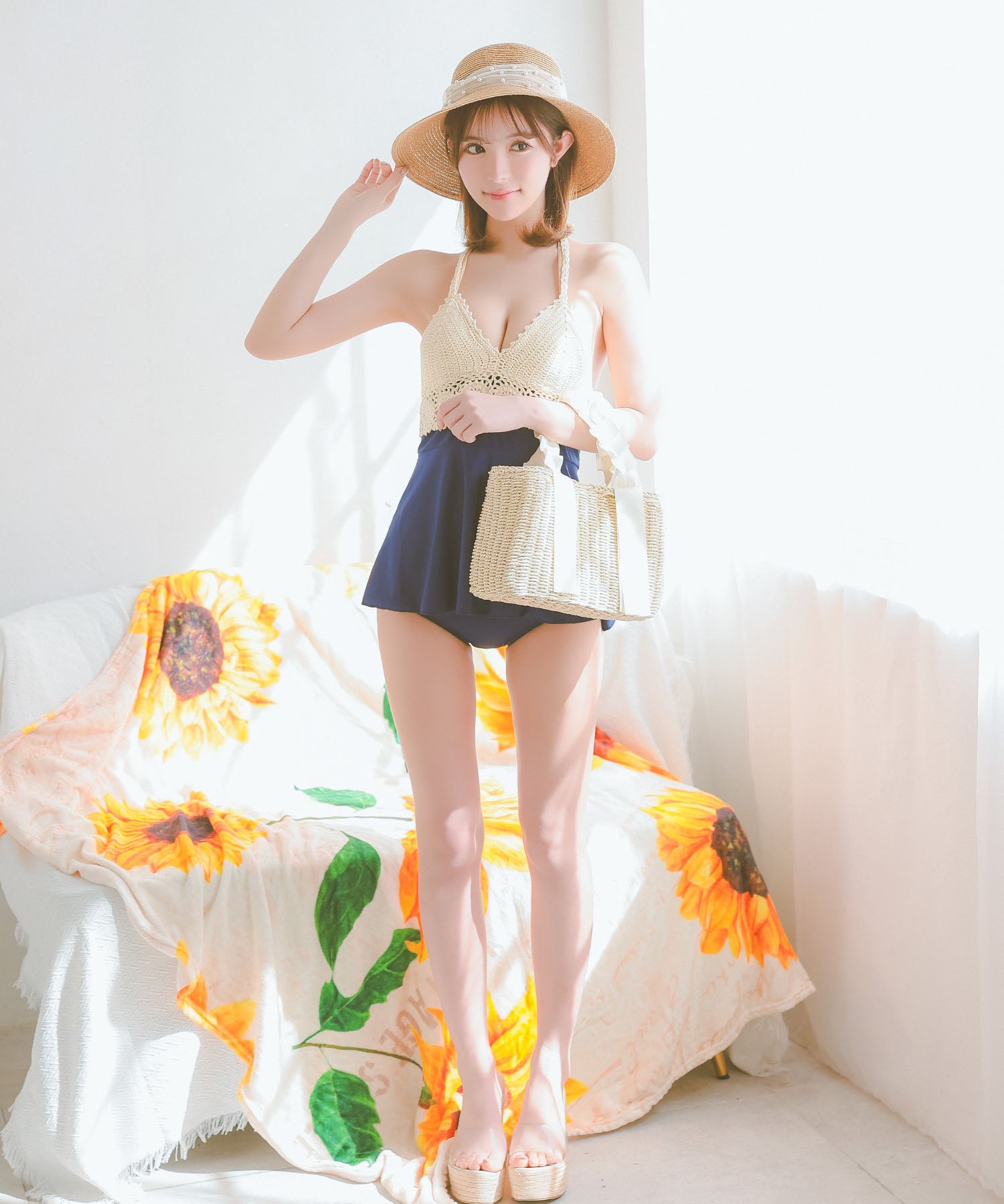 レティカ Retica 水着レディース クロシェ編み ホルターネック 韓国風 体型カバー ガーリー ワンピースビキニ【返品不可商品】 (クリーム×ブルー) クリーム×ブルー