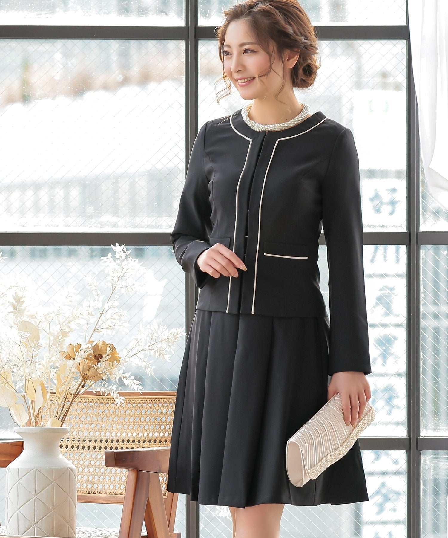 Retica Piping Jacket x Short Sleeve Flared Knee Length Dress Set Party Dress