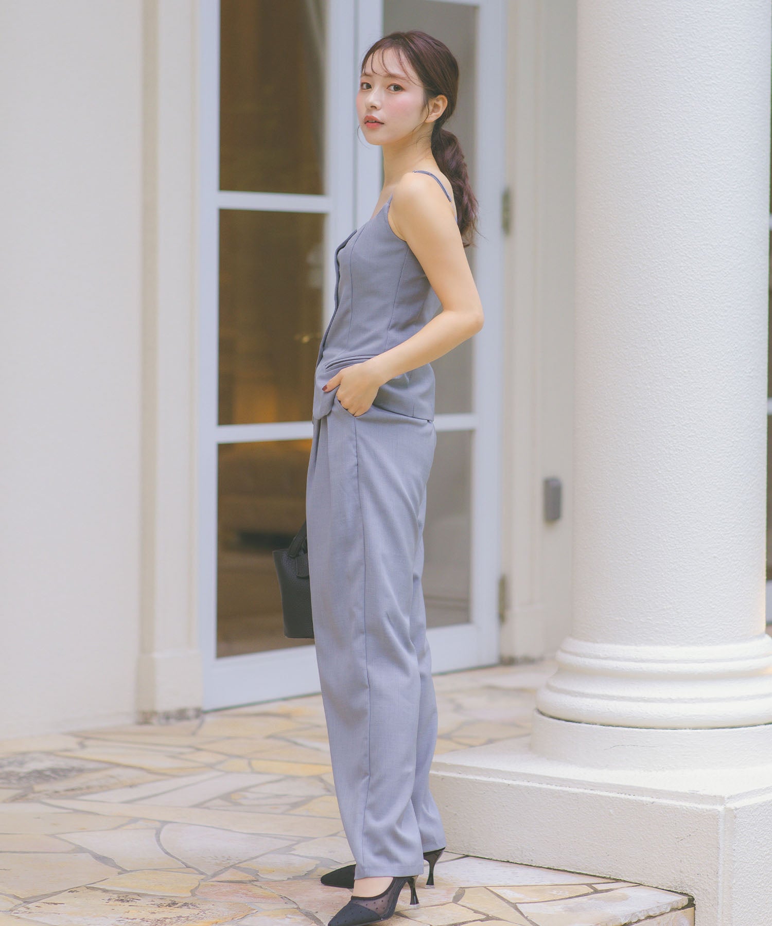 レティカ Retica パンツドレスボタンキャミ ワイドパンツセットアップ パーティードレス 結婚式 (グレー) グレー