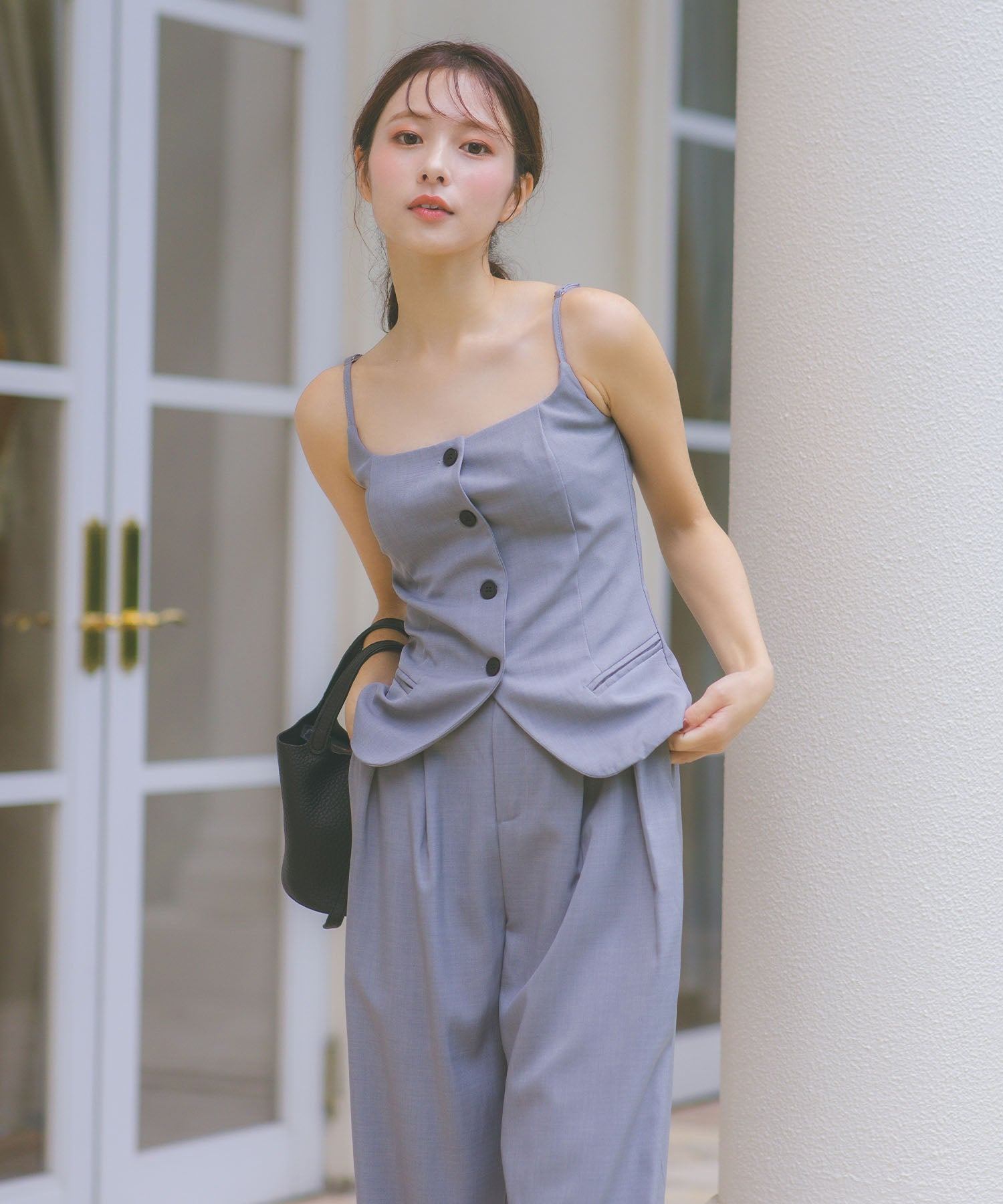 レティカ Retica パンツドレスボタンキャミ ワイドパンツセットアップ パーティードレス 結婚式 (グレー) グレー