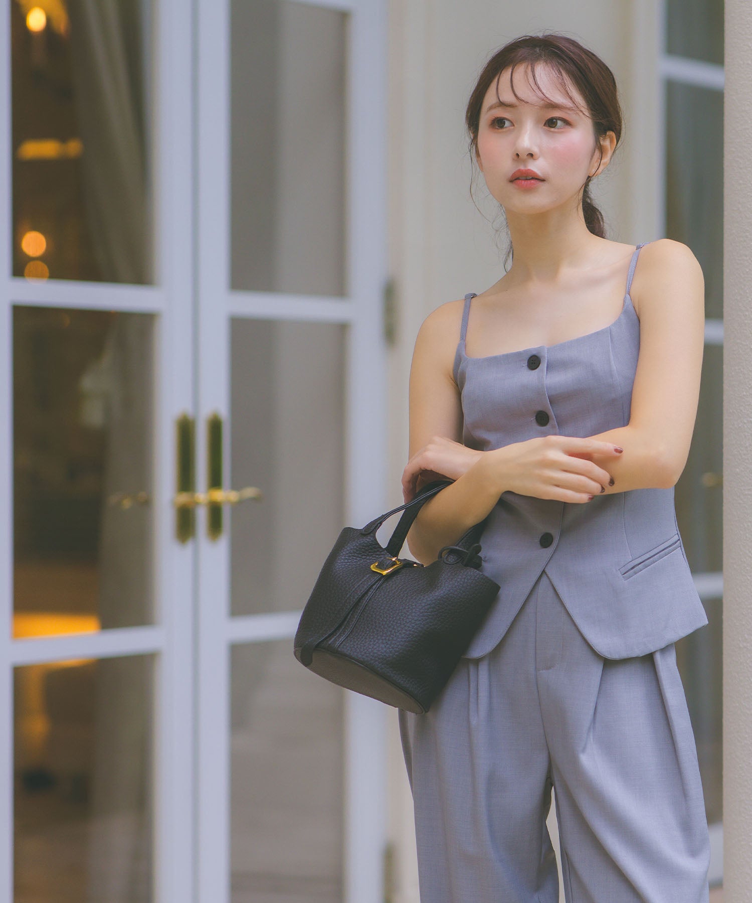 レティカ Retica パンツドレスボタンキャミ ワイドパンツセットアップ パーティードレス 結婚式 (グレー) グレー