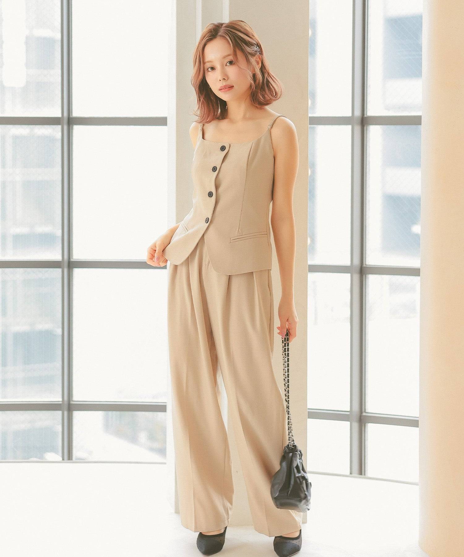 レティカ Retica パンツドレスボタンキャミ ワイドパンツセットアップ パーティードレス 結婚式 (ベージュ) ベージュ