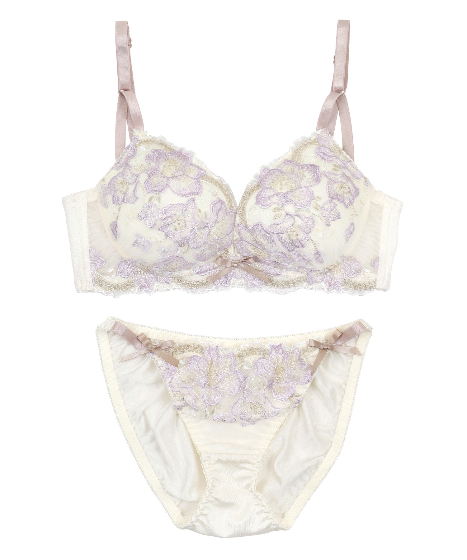 レティカ Retica 下着 フラワー刺繍 リボン ノンワイヤー 脇高 ブラジャー ショーツ ランジェリー 2点セット【返品不可商品】 (オフホワイト×ラベンダー) オフホワイト×ラベンダー