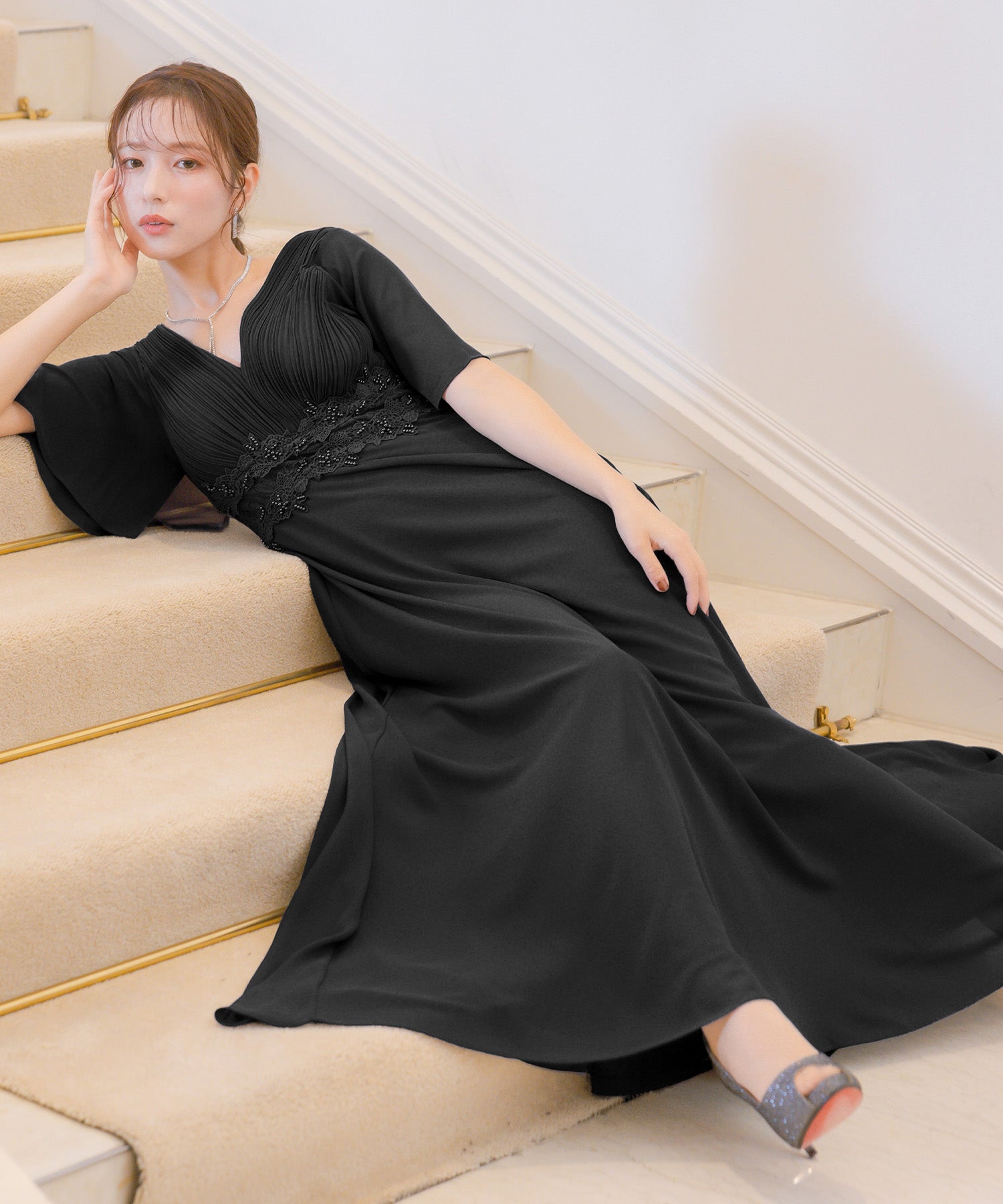 レティカ Retica パーティードレス半袖レースウエストマーク胸元プリーツ結婚式 (ブラック) ブラック