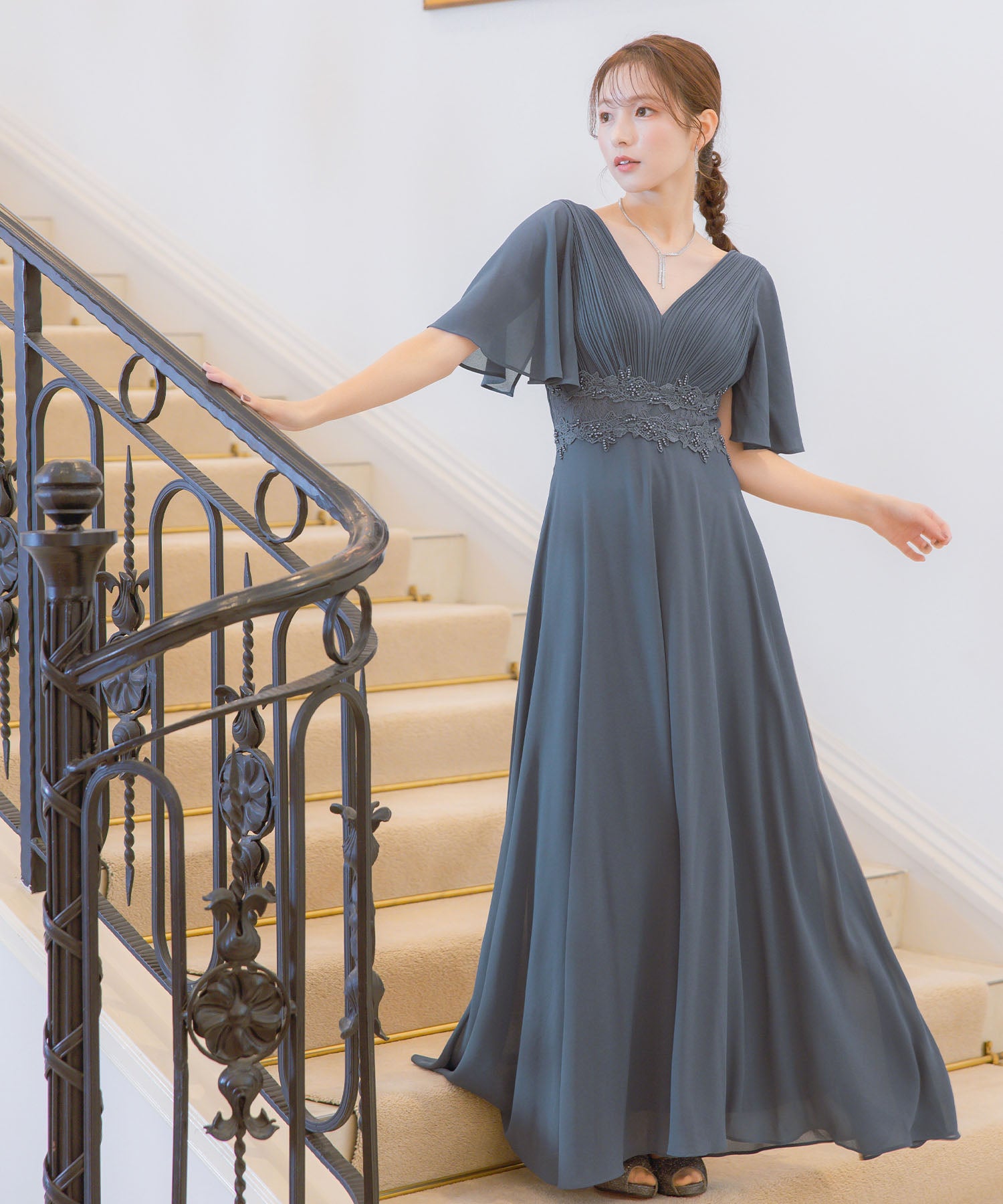 レティカ Retica パーティードレス半袖レースウエストマーク胸元プリーツ結婚式 (アッシュブルー) アッシュブルー