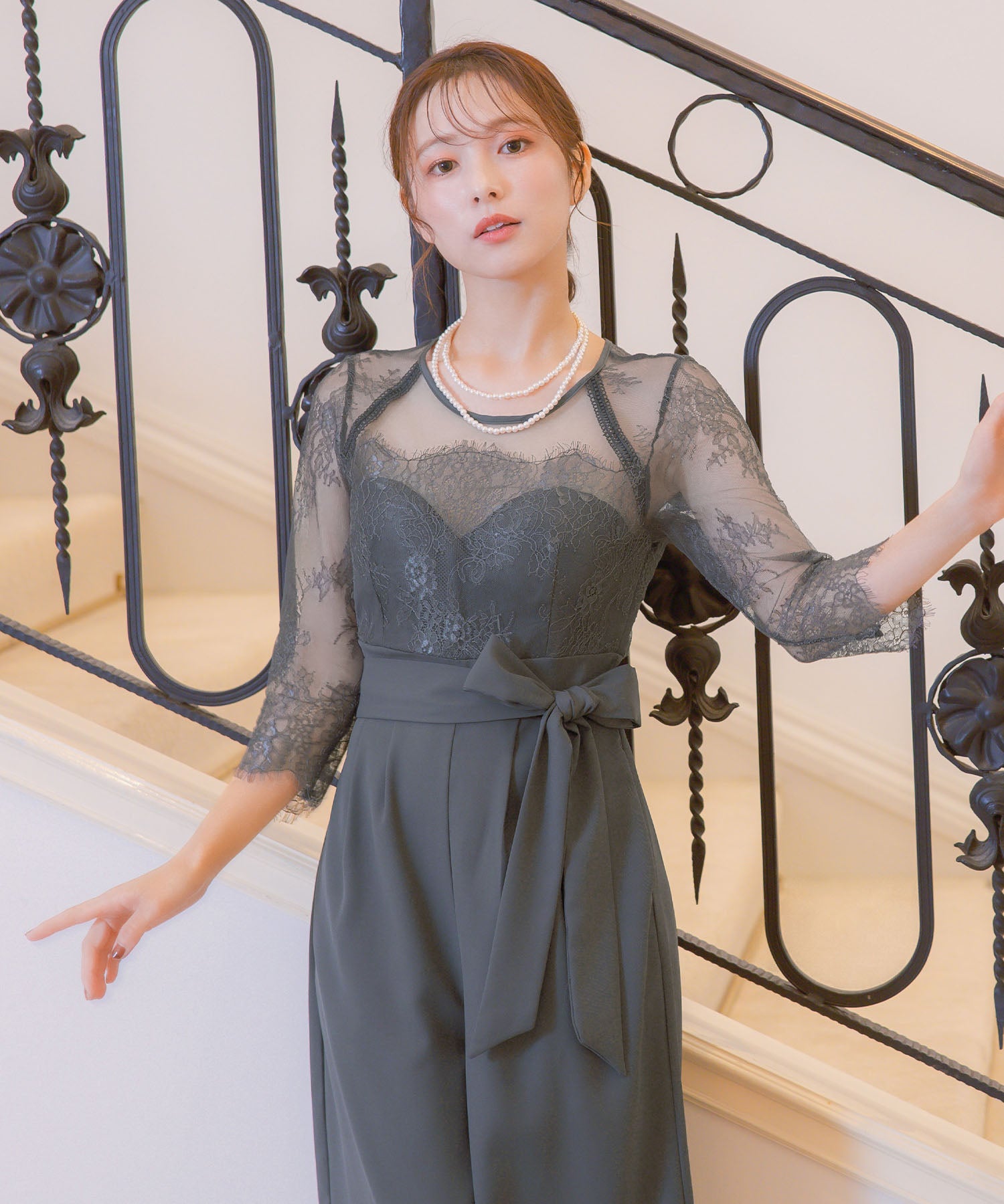 レティカ Retica パンツドレスシアーレース切替ウエストリボンワイドパンツドレス結婚式 パーティードレス (チャコールグレー) チャコールグレー