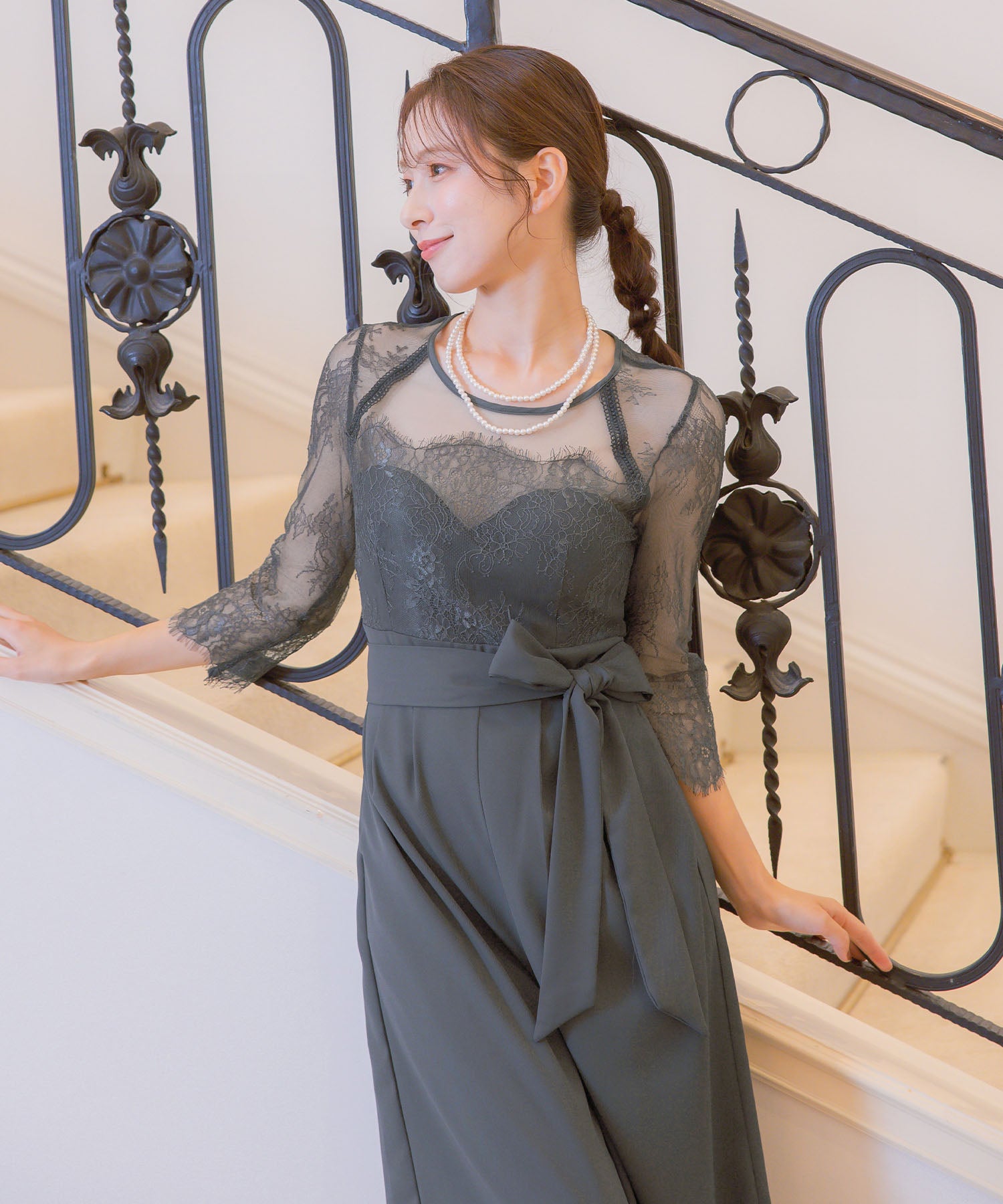 レティカ Retica パンツドレスシアーレース切替ウエストリボンワイドパンツドレス結婚式 パーティードレス (チャコールグレー) チャコールグレー