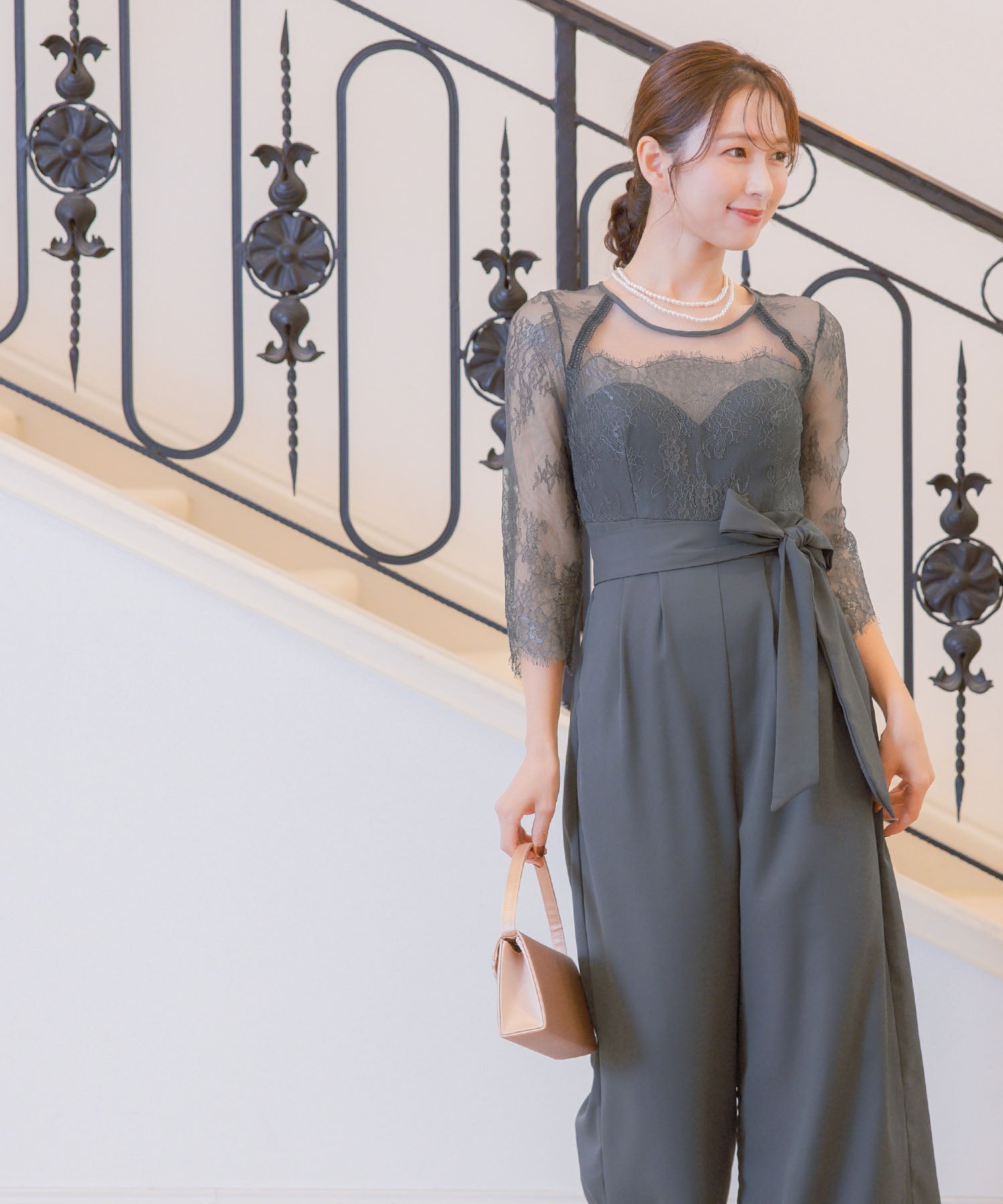 レティカ Retica パンツドレスシアーレース切替ウエストリボンワイドパンツドレス結婚式 パーティードレス (チャコールグレー) チャコールグレー