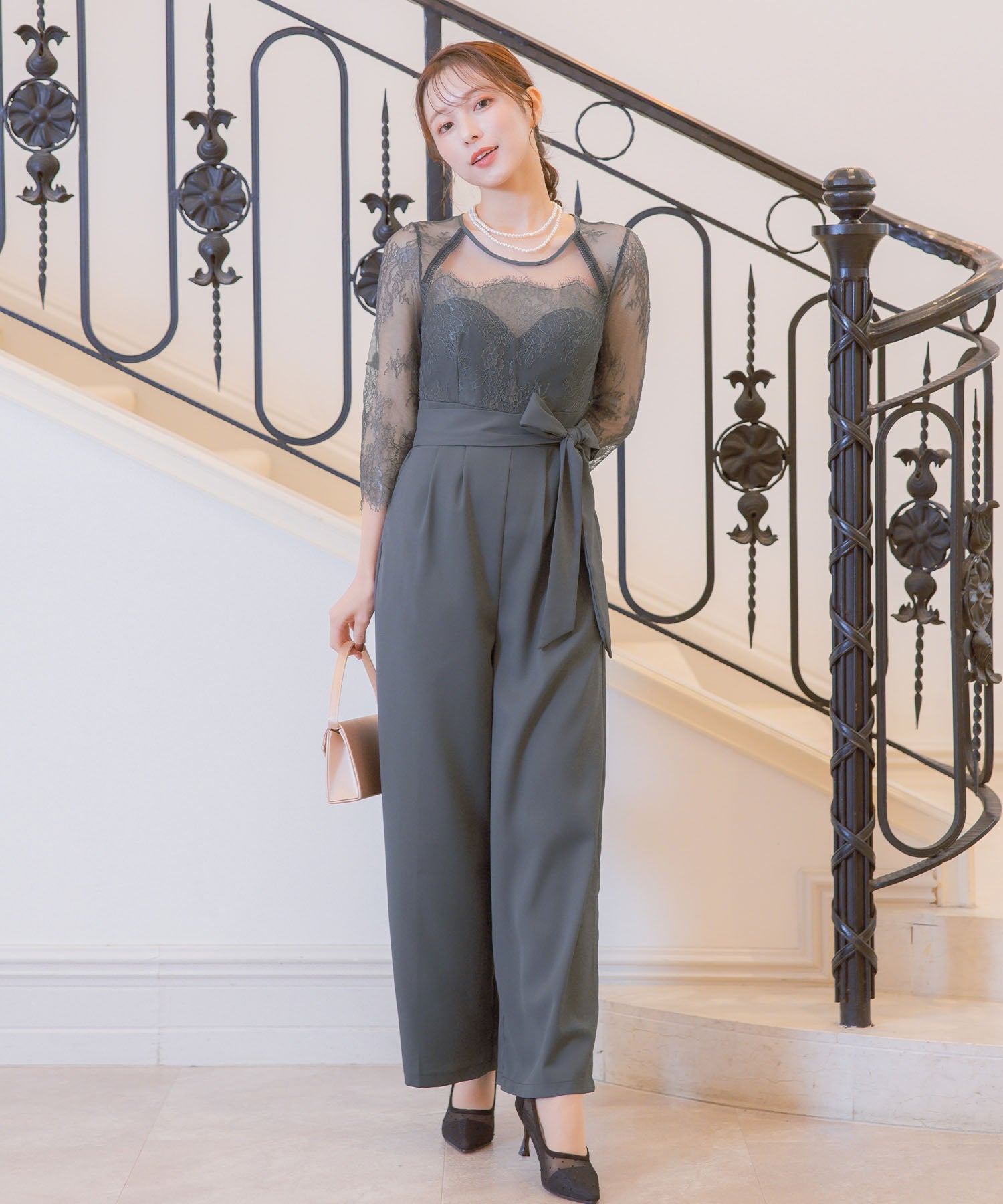 レティカ Retica パンツドレスシアーレース切替ウエストリボンワイドパンツドレス結婚式 パーティードレス (チャコールグレー) チャコールグレー