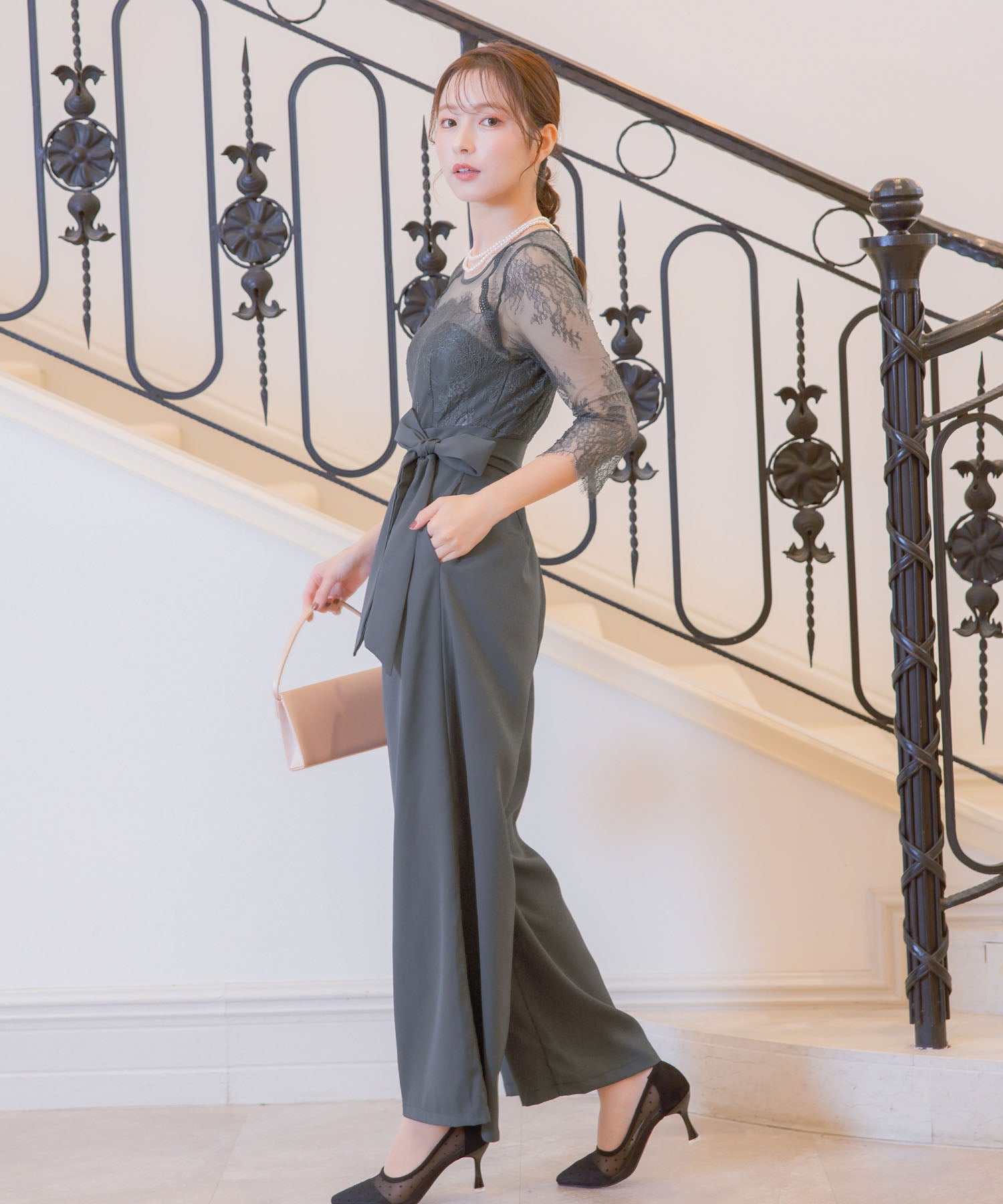 レティカ Retica パンツドレスシアーレース切替ウエストリボンワイドパンツドレス結婚式 パーティードレス (チャコールグレー) チャコールグレー