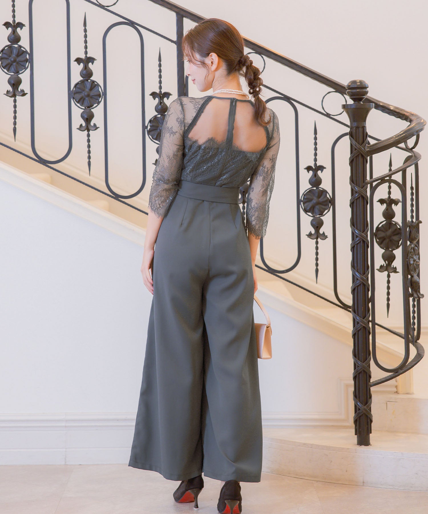 レティカ Retica パンツドレスシアーレース切替ウエストリボンワイドパンツドレス結婚式 パーティードレス (チャコールグレー) チャコールグレー